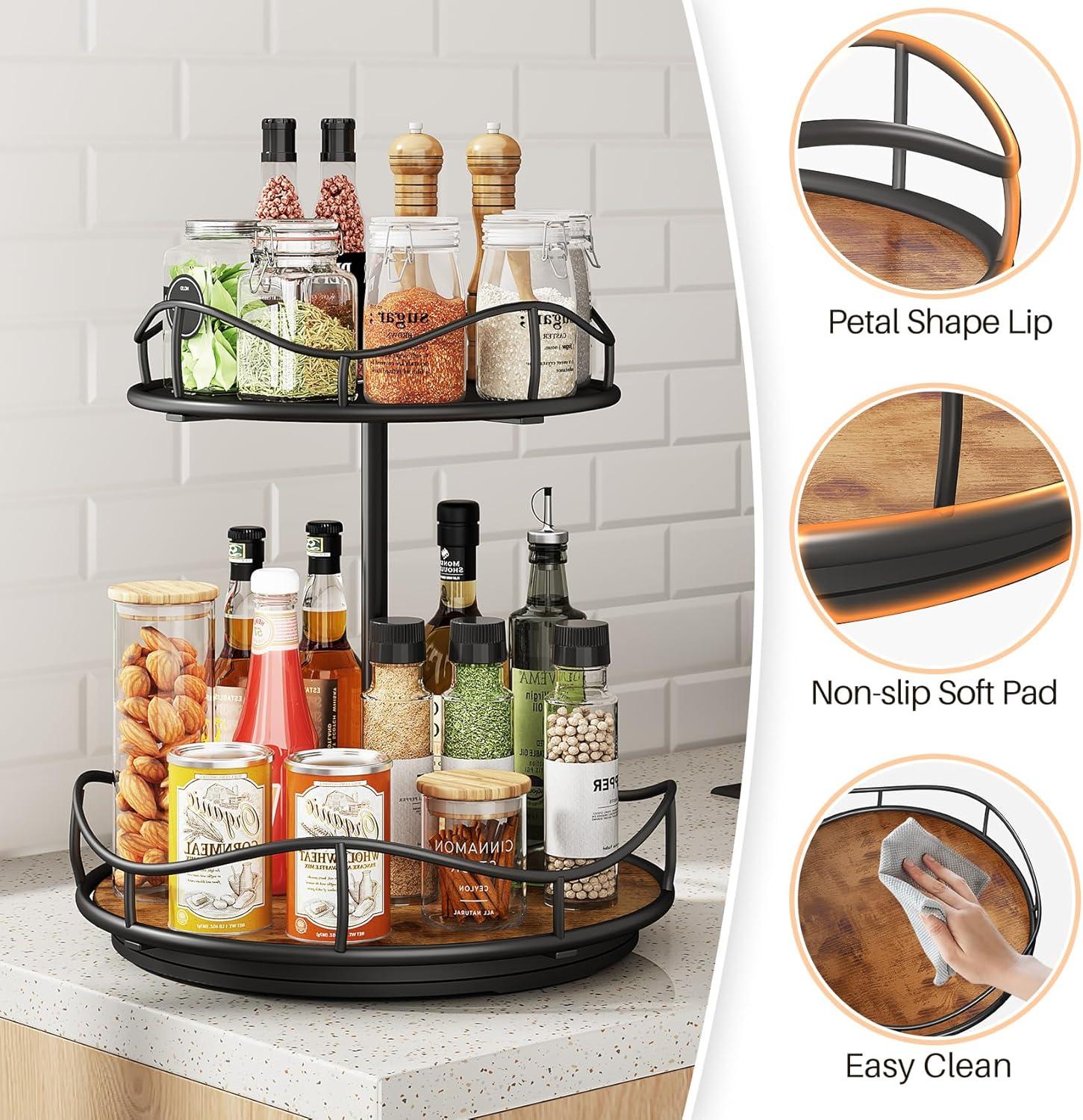 Lazy Susan Organizer Turntable Spice Rack - 2 Tier Wood Rotating Lazy Susan for Cabinet Pantry Kitchen Countertop Dining Table, Organization Storage C43