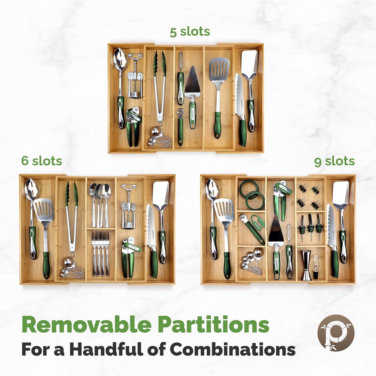 Pristine Bamboo Expandable Drawer Organizers for Kitchen - Extra Deep Non-Slip 17” x 14.6” (expands up to 25 inches) - Dark Wooden Silverware Divider (10 Compartments) – Organize Cooking Utensils