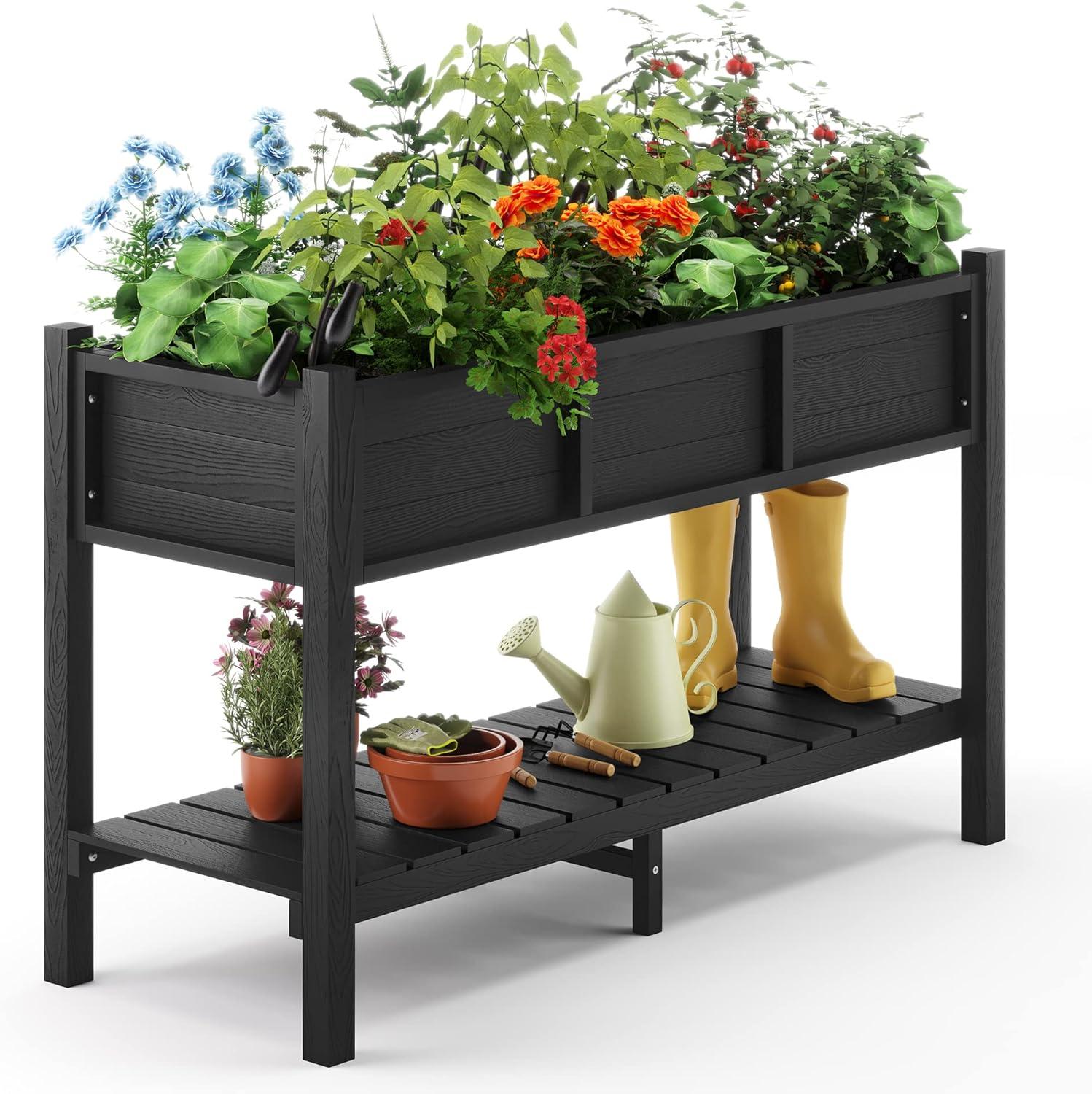 Black Elevated Poly Raised Garden Bed with Storage Shelf