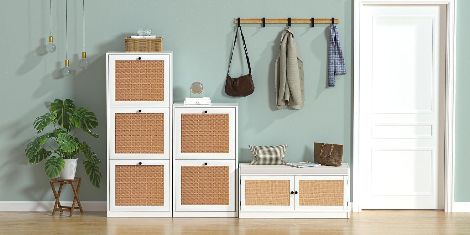 White and Rattan 3-Tier Flip Drawer Shoe Cabinet