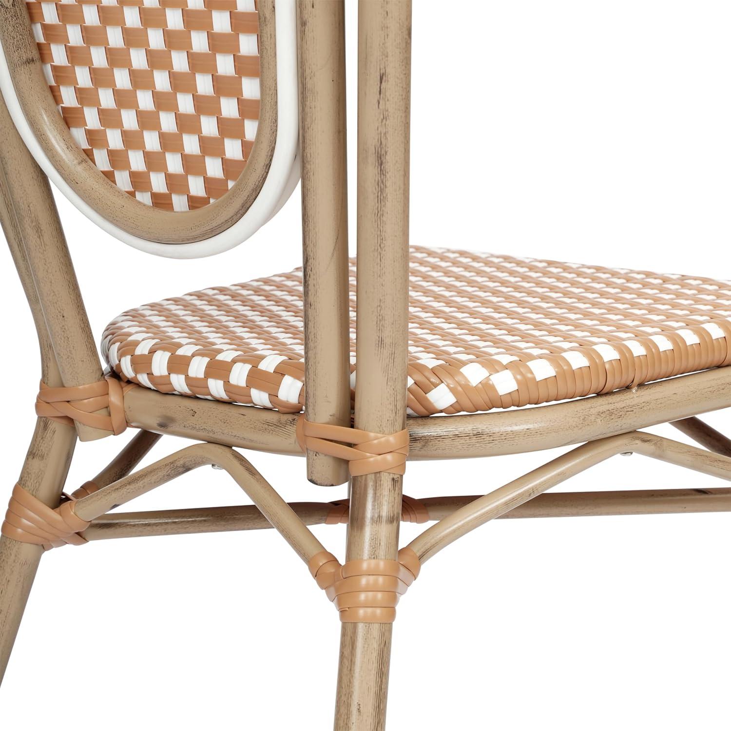 Flash Furniture 4 PK Lourdes Indoor/Outdoor Commercial Thonet Bistro Stack Chair, Natural/White PE Rattan & Bamboo Print Aluminum Frame in Light Nat