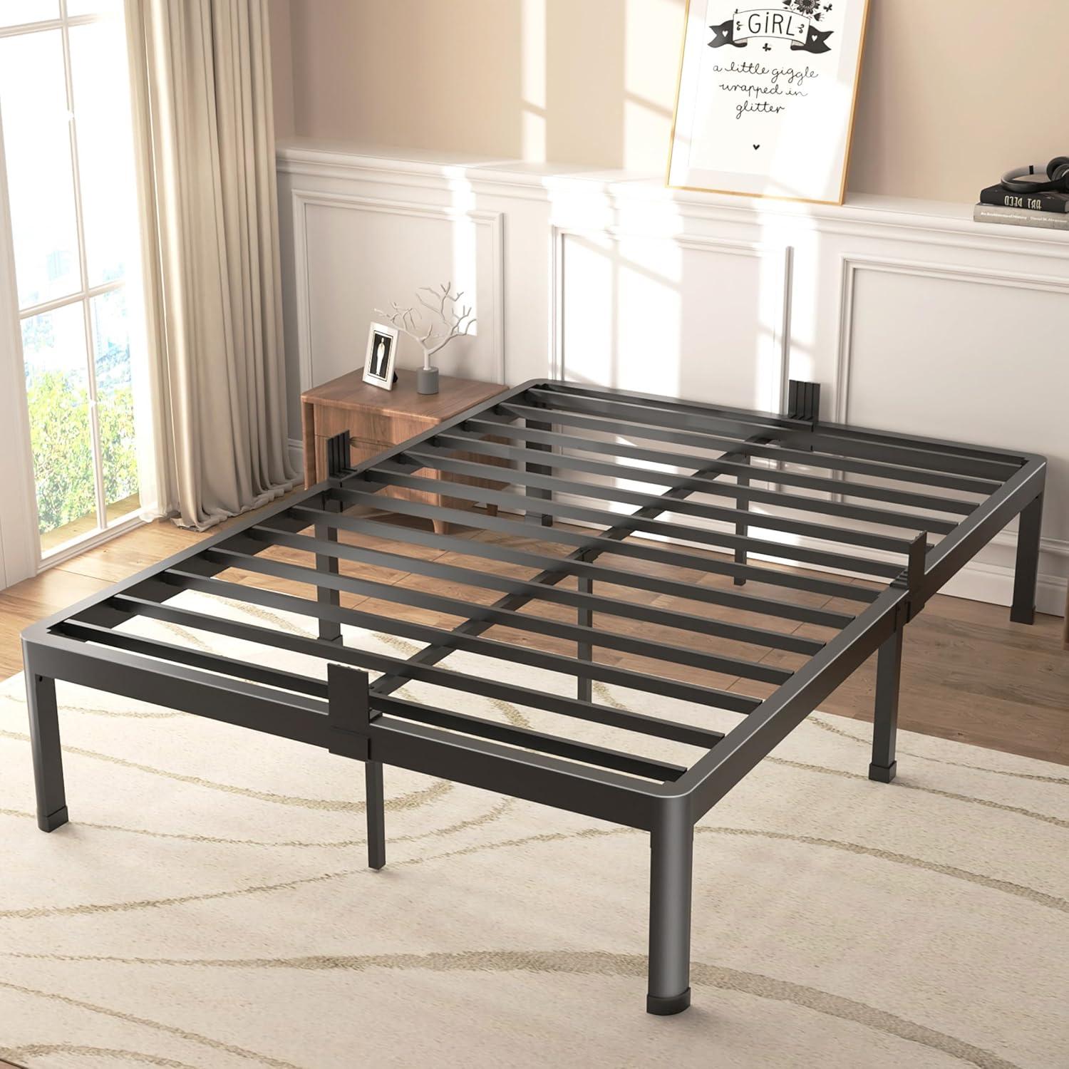 California King Black Metal Platform Bed Frame with Slats