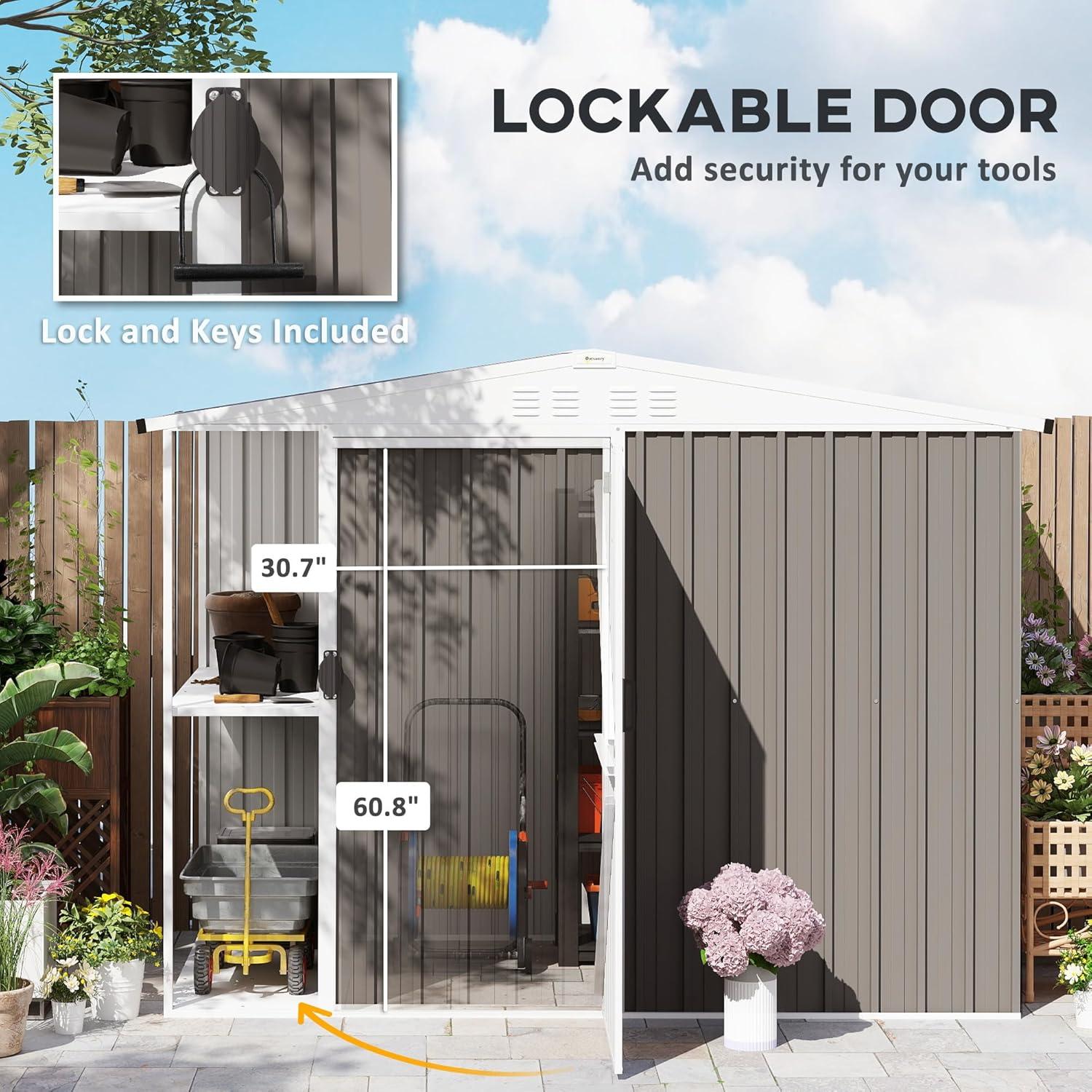 Outsunny 8 x 4ft Outdoor Storage Shed, Metal Garden Shed with 2-Tier Storage Rack, Air Vents and Lockable Door, Tool Shed for Backyard, Patio, Lawn