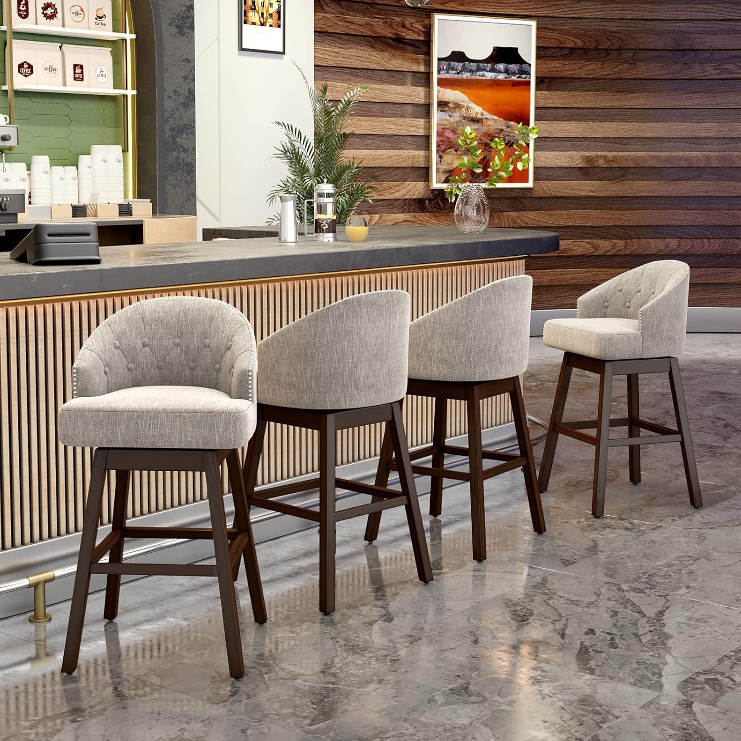 Canddidliike Set of 2 Swivel Bar Stools with Rubber Wood Legs and Padded Back-Beige, Bar Height Stools, Barstools for Kitchen, Dining Room