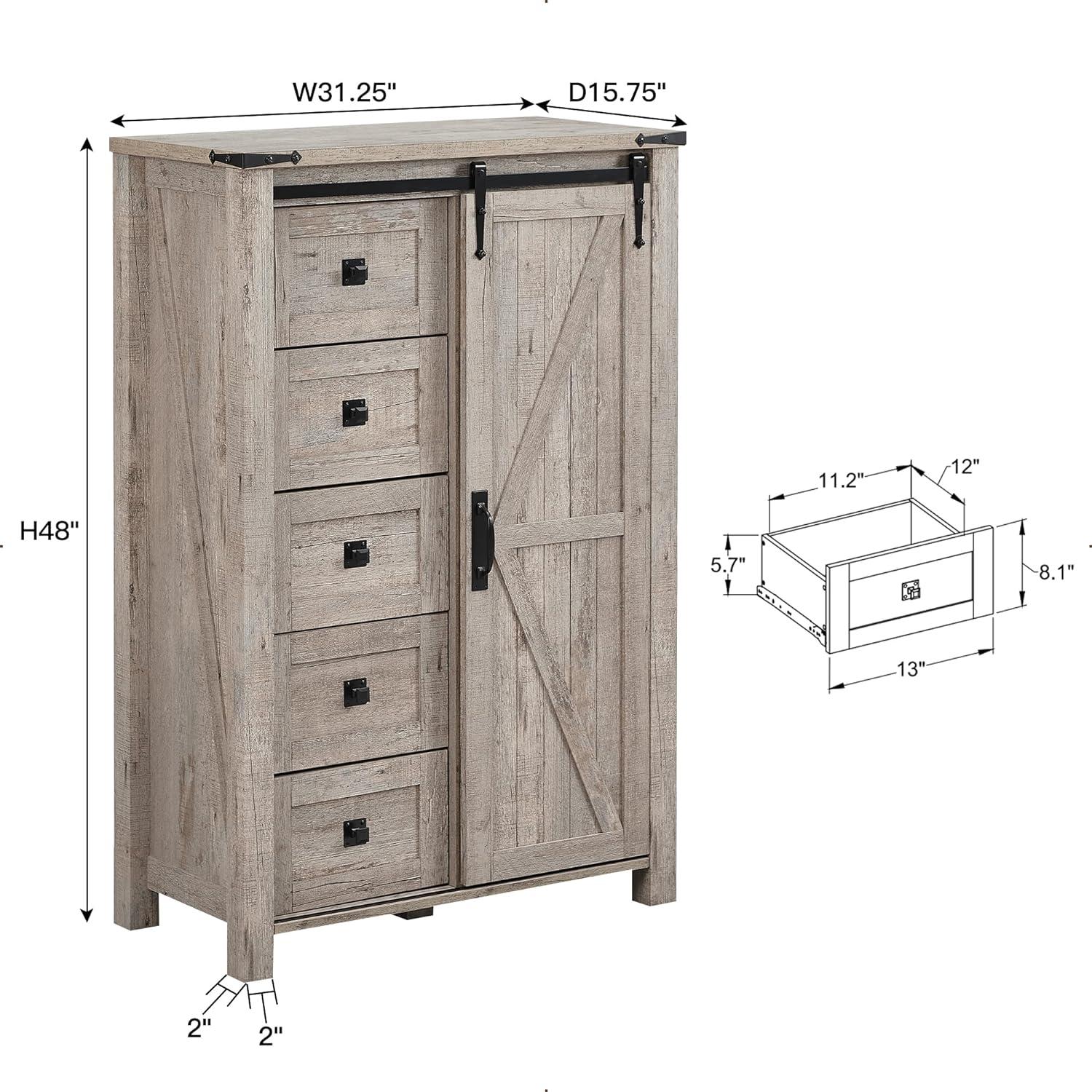 Farmhouse 5 Chest of Drawers, Tall Drawers Dresser with Sliding Barn Door