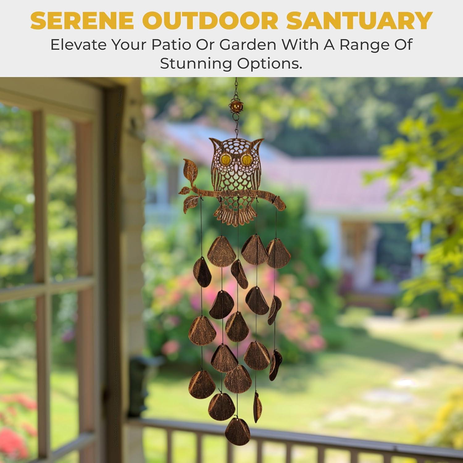 Dawhud Direct 30" H Rustic Copper Owl Wind Chimes - Garden Decoration