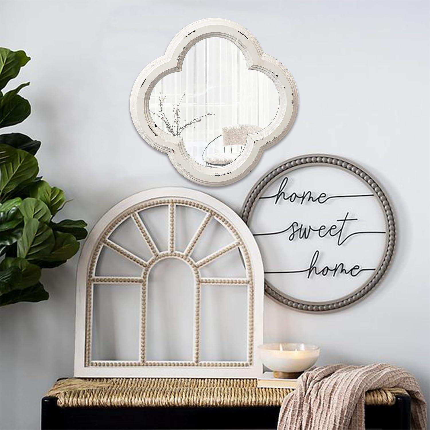 Sintosin Vintage Small Scalloped Wall Mirror Decorative 8.9", Hanging Distressed Finish White Rustic Quatrefoil Wooden Frame Mirrors for Wall Decor Living Room, Farmhouse Bedroom Mirror