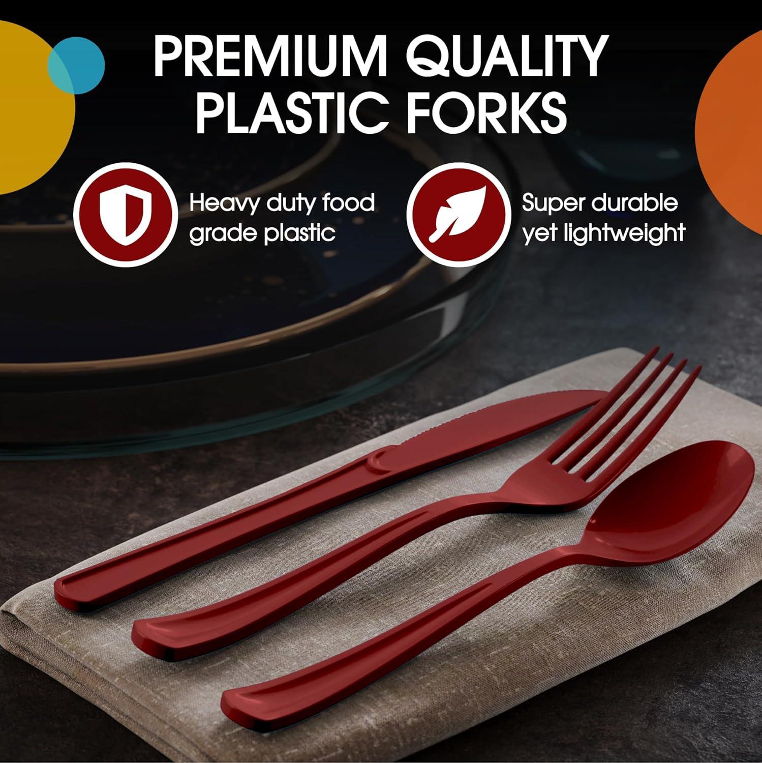 Exquisite Burgundy Plastic Utensil Cutlery Set Forks Spoons Knives- 150 Pack