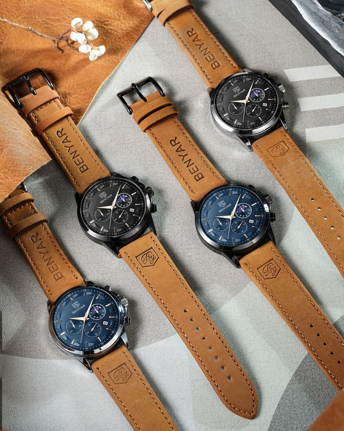 BY BENYAR Mens Watches Analog Quartz Chronograph Waterproof Wrist Watches for Men Fashion Business Work Casual Sport Designer Dress Watch with Calendar Elegant Gifts for Men