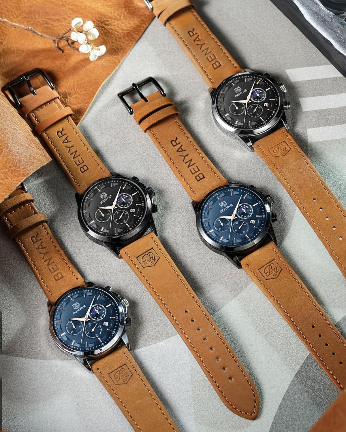 BY BENYAR Mens Watches Analog Quartz Chronograph Waterproof Wrist Watches for Men Fashion Business Work Casual Sport Designer Dress Watch with Calendar Elegant Gifts for Men