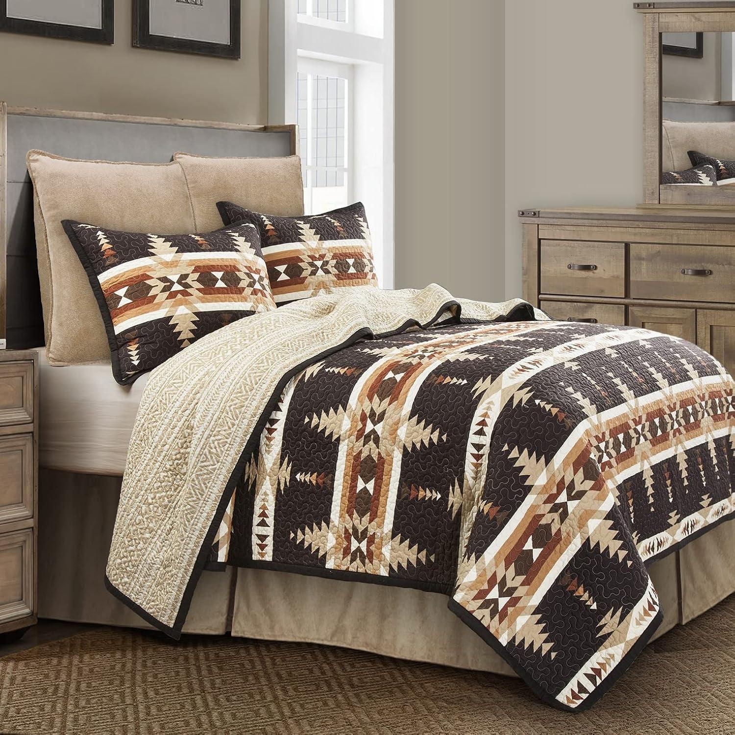 Yosemite Brown Tan White Aztec Print Southwestern Rustic Cotton Reversible Quilt Set