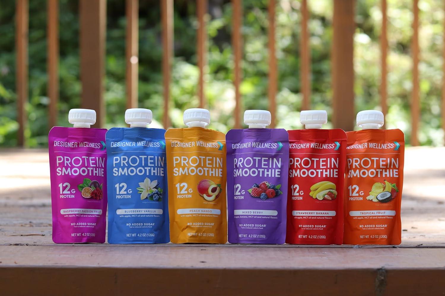 Designer Wellness Protein Smoothie, Real Fruit, 12g Protein, Low Carb, Zero Added Sugar, Gluten-Free, Mixed Variety, 12 Count