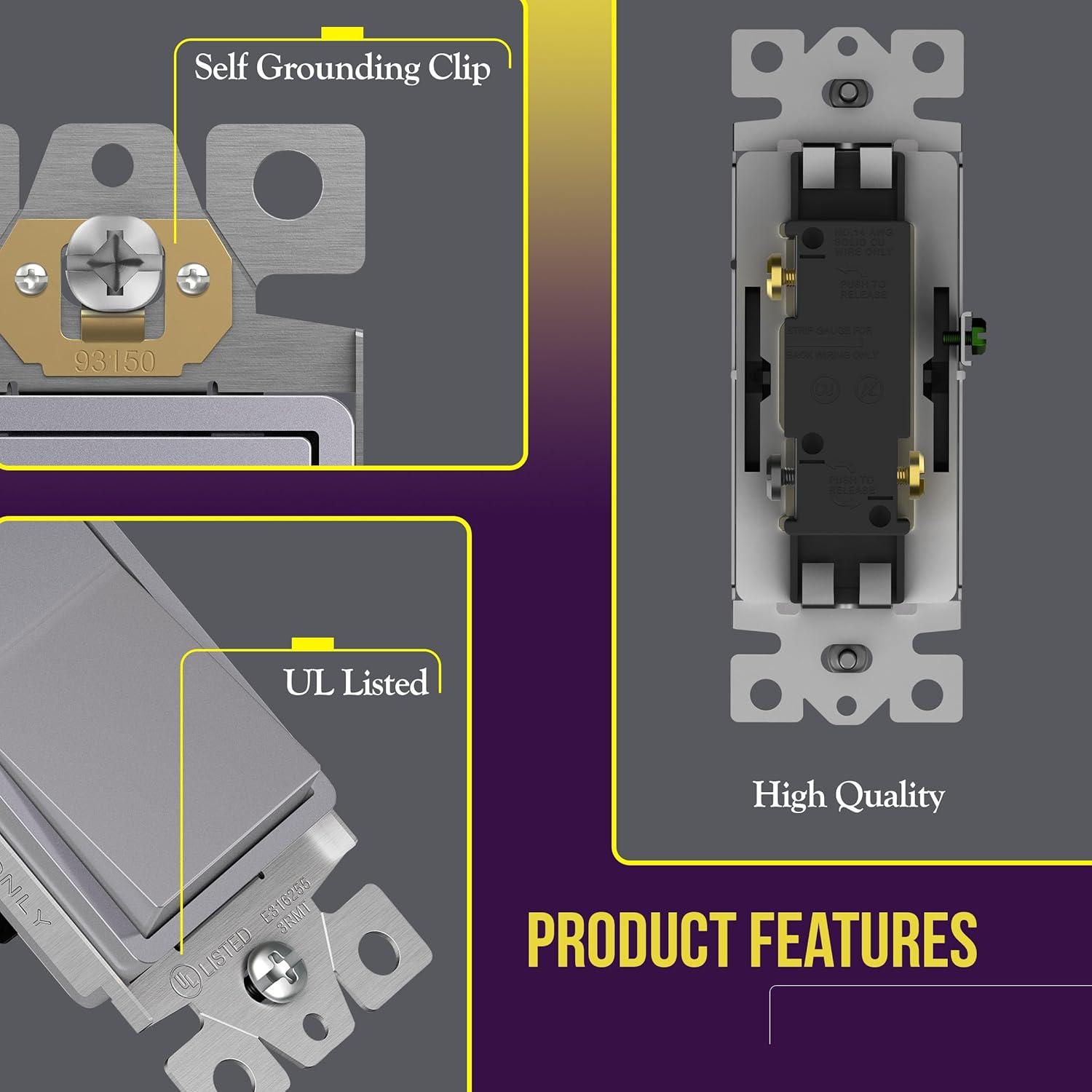ENERLITES 3-Way Decorator Paddle Light Switch, Gloss Finish, Single Pole or Three Way, 3 Wire, Grounding Screw, Residential Grade, 15A 120V/277V, UL Listed, 93150-SV, Silver