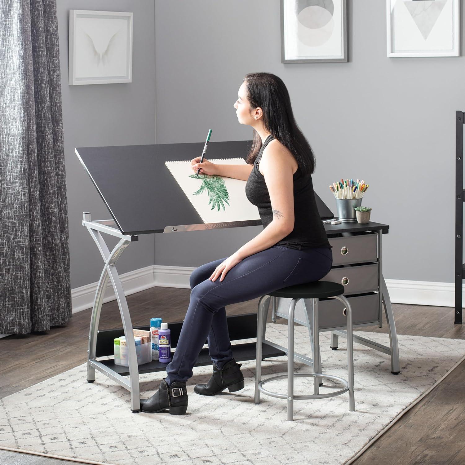 Comet Plus Drawing Table and Stool Set Silver/Gray - studio designs: Adjustable Top, Storage Drawers, Padded Seat