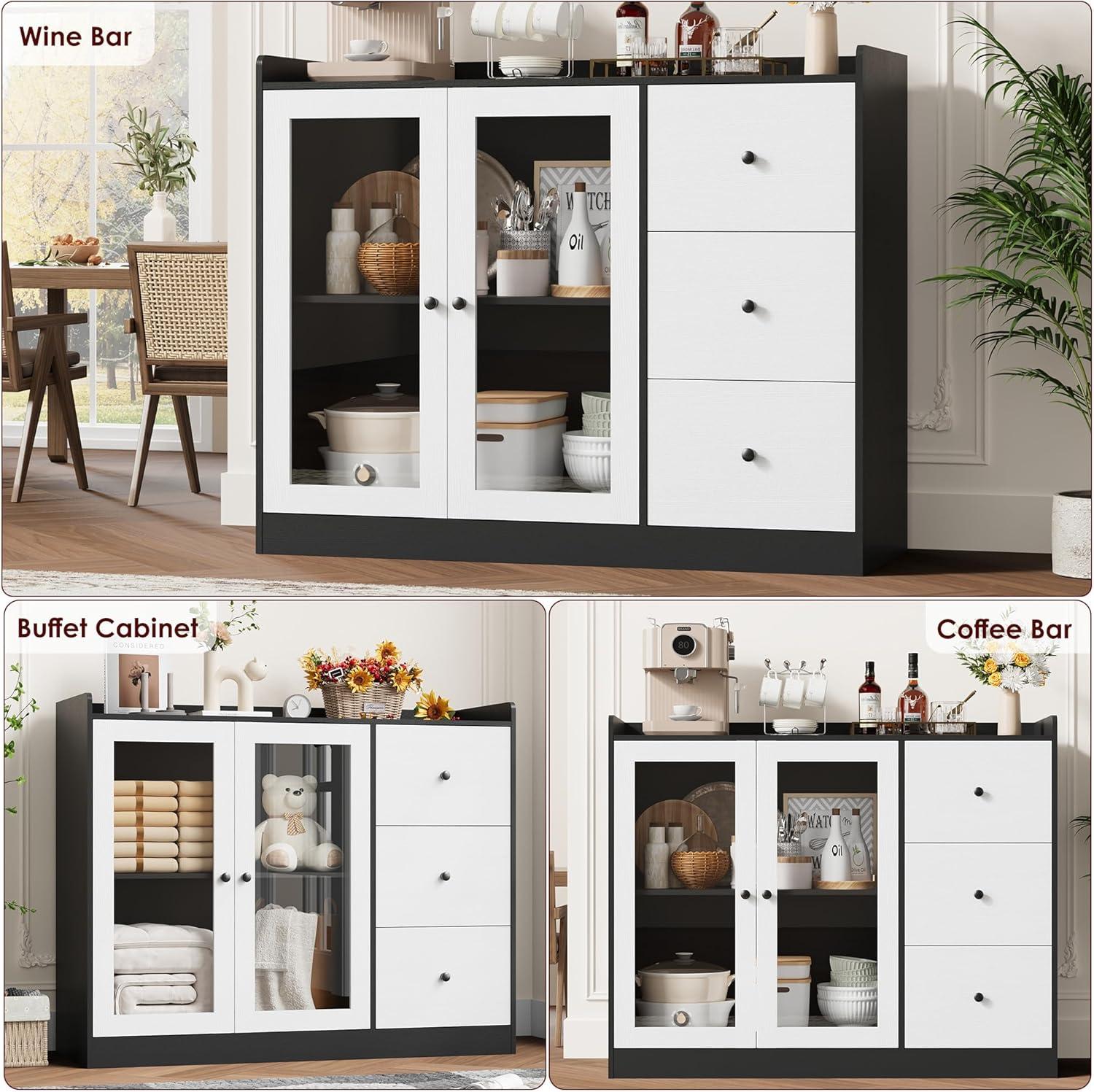 ZACOO Sideboard Buffet Cabinet With Storage, 43" Coffee Bar Cabinet With Glass Doors And 3 Drawers, Storage Cabinet With Adjustable Shelves