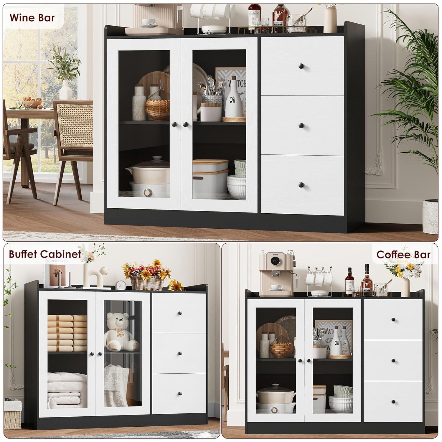 ZACOO Sideboard Buffet Cabinet With Storage, 43" Coffee Bar Cabinet With Glass Doors And 3 Drawers, Storage Cabinet With Adjustable Shelves