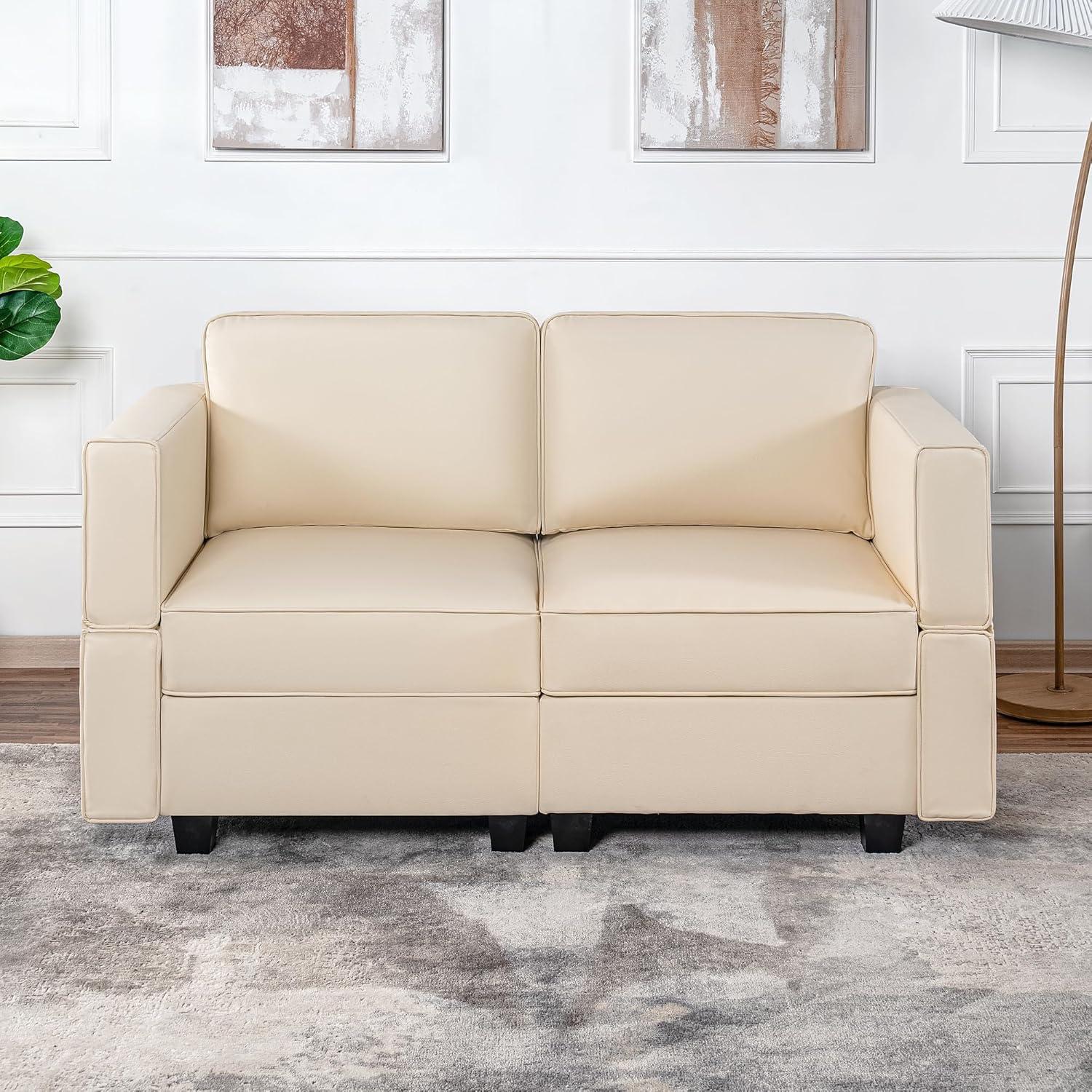 Beige Faux Leather Loveseat Sofa with Storage and Adjustable Arms