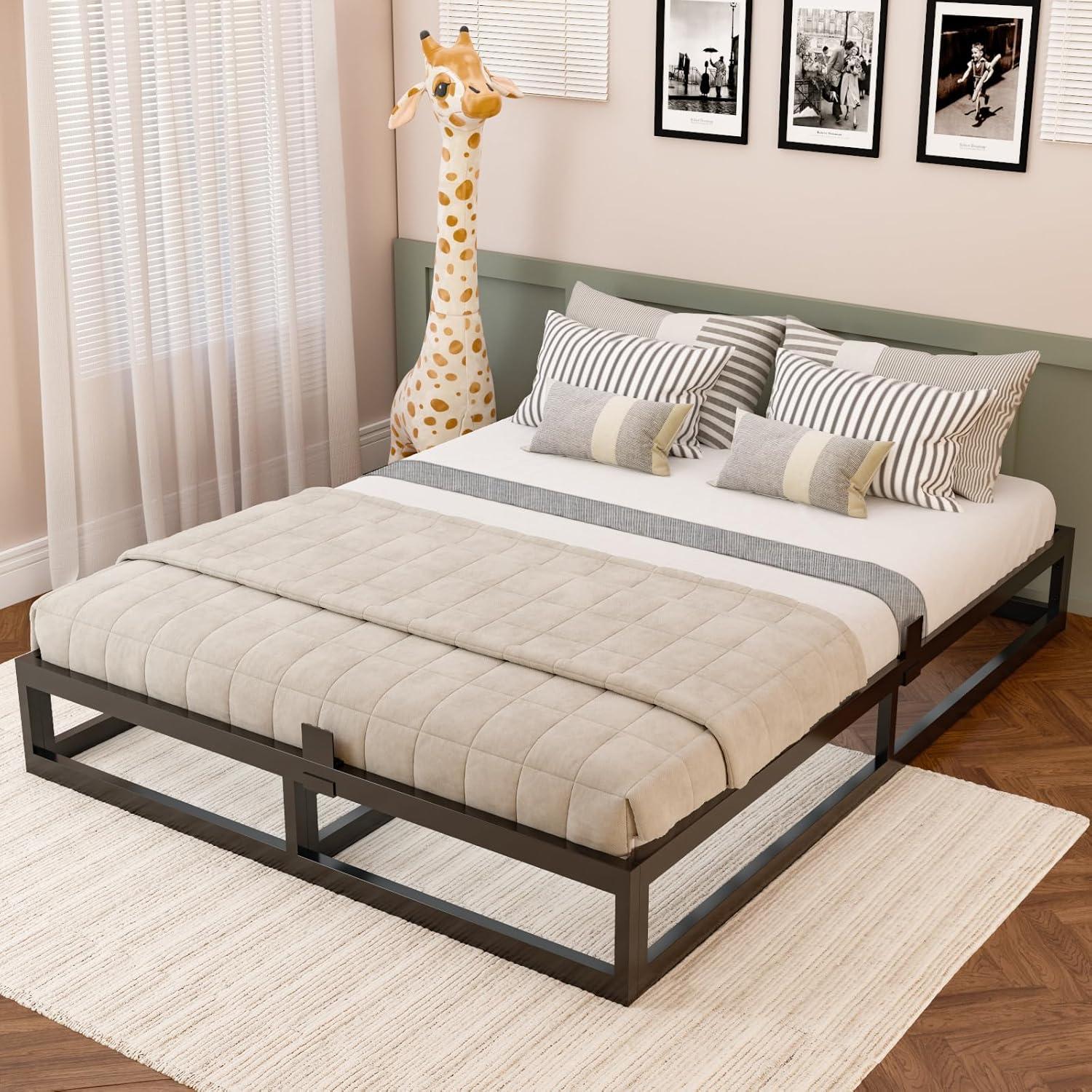 10 Inch Black Steel Queen Bed Frame with Slats