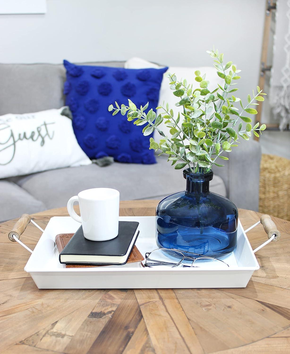 White Enamel Rustic Rectangular Trays with Wood Handles, Set of 2