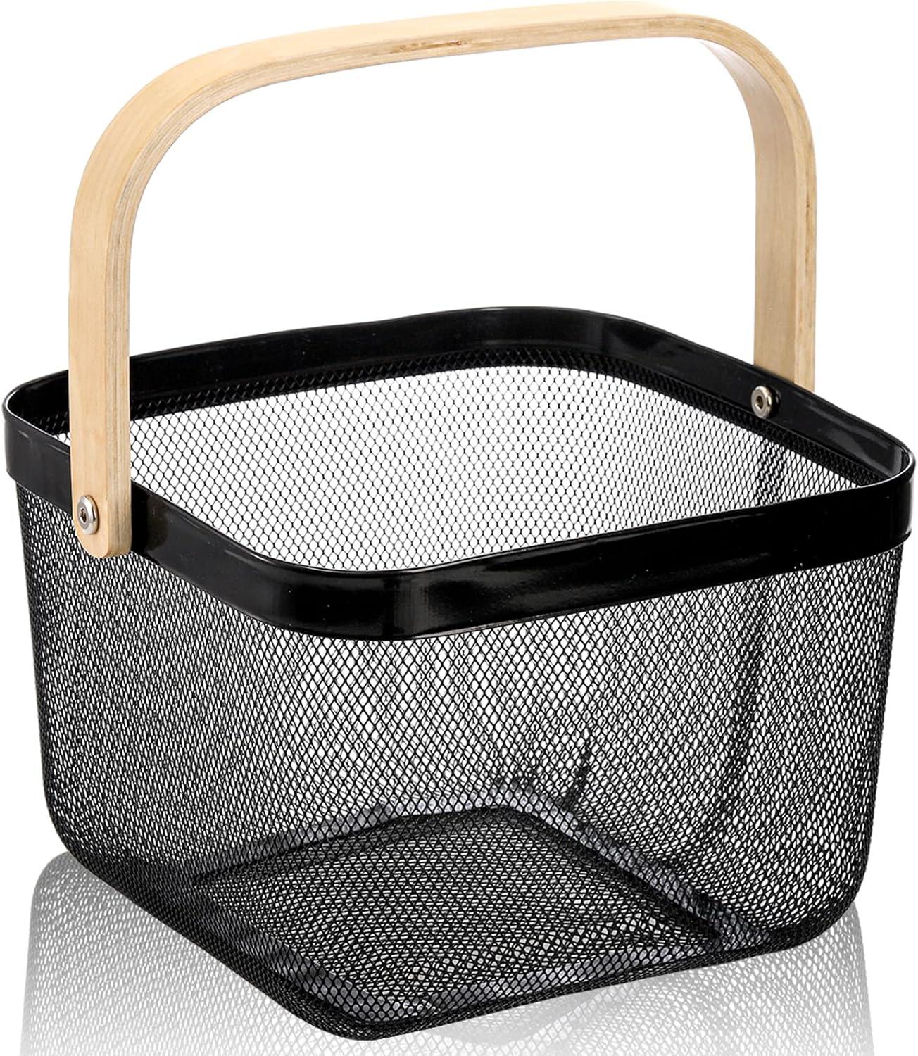 Black Metal Mesh Basket with Wooden Handle for Storage