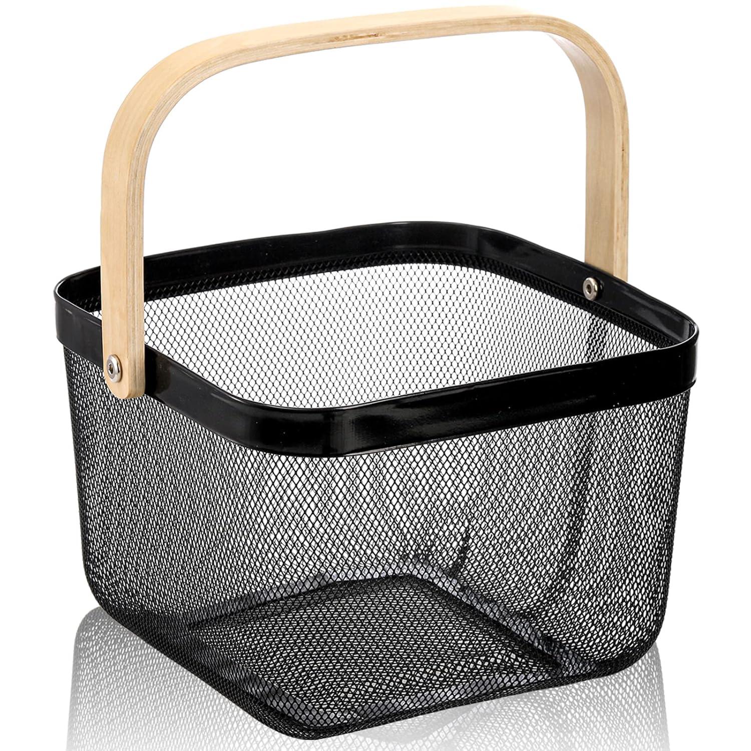 Black Metal Mesh Basket with Wooden Handle for Storage