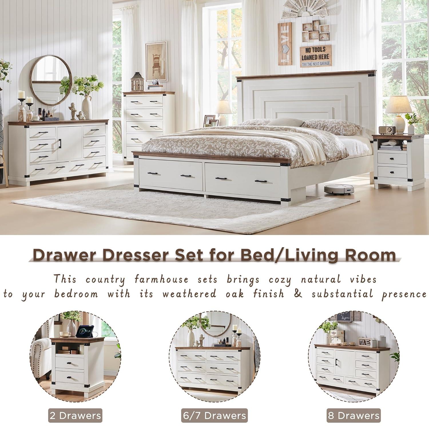 OKD Farmhouse 5 Drawers Dresser for Bedroom, Wood Tall Chest of Drawers with Thick Plank Styling, Rustic Closet Dresser for Bedroom, Living Room, Antique White