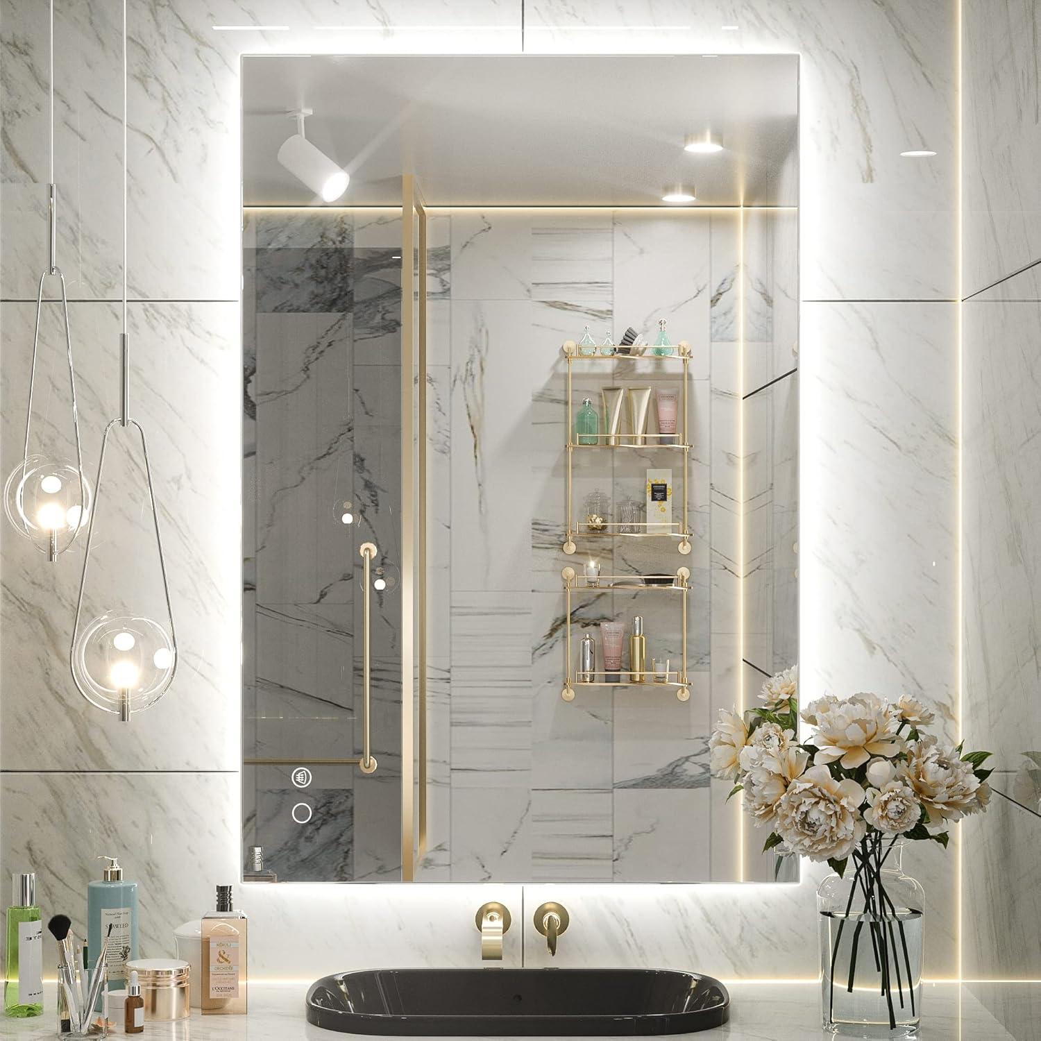 Keonjinn 40"x28" LED Backlit Mirror with Anti-Fog Dimmable Modern Rectangular Makeup Wall Mirror with Light, CRI90 Waterproof for Bathroom(Horizontal/Vertical)