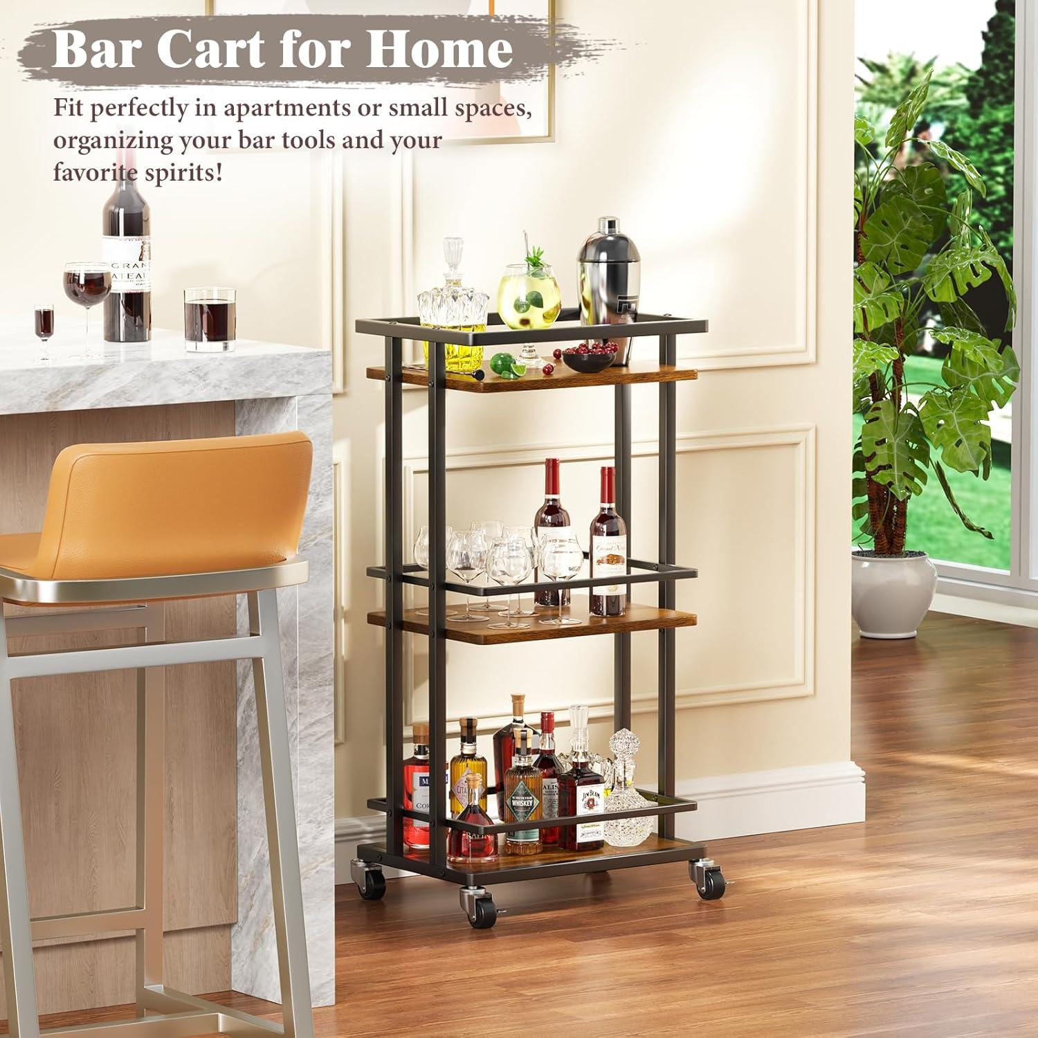 3 Tier Bar Cart for Home, Rolling Mini Liquor Bar Cabinet with Wine Rack and Glass Holder, Home Bar Serving Cart on Wheels for Dinner Party Wine Alcohol Drink, Bar Stand for Living Room Kitchen