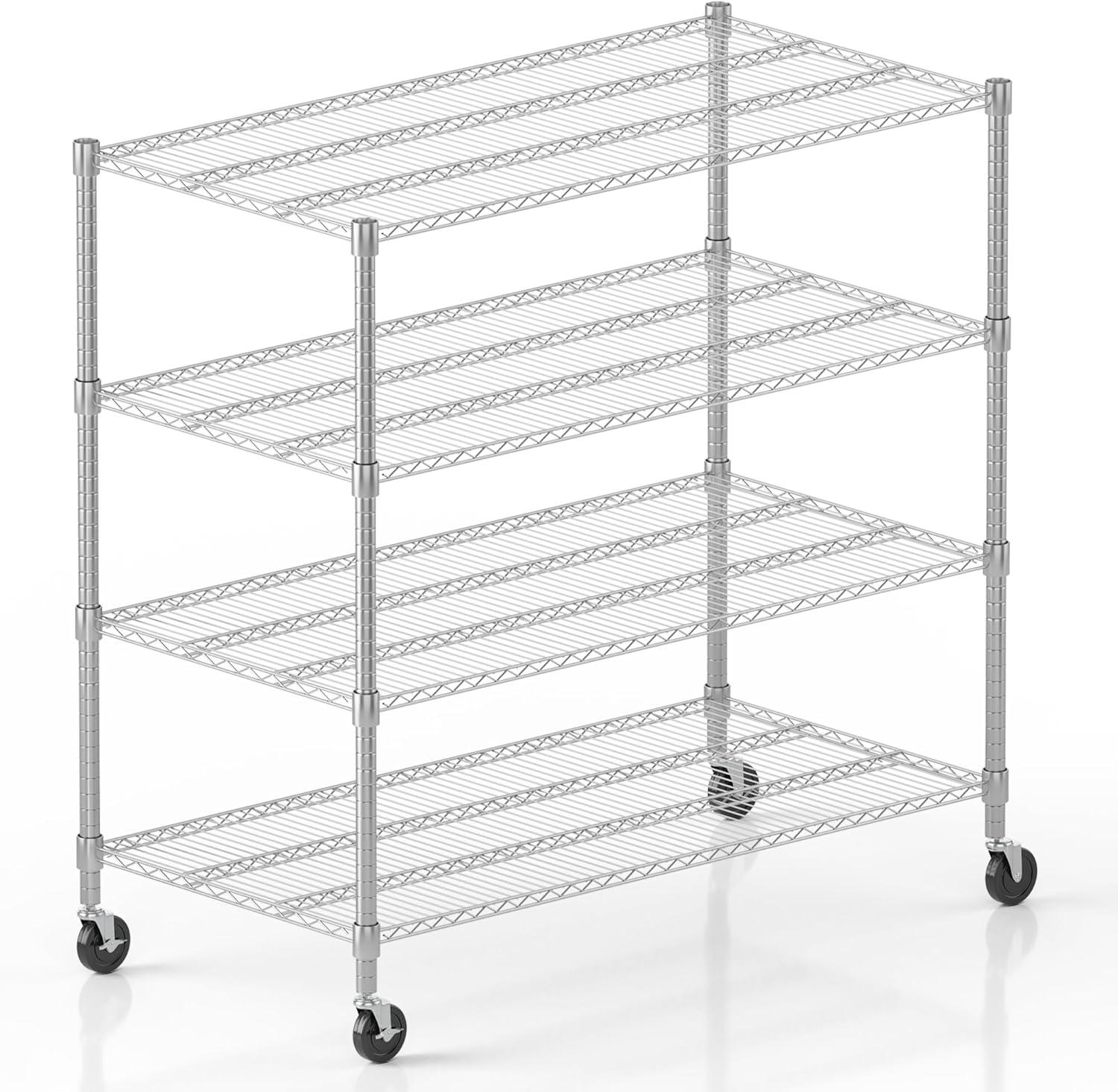 Homdox Heavy Duty Metal Shelves for Storage, 4 Tier Storage Racks and Shelving, Commercial Adjustable Wire Shelving Unit on Wheels, Garage Rack Pantry Shelves Kitchen Shelving, 24"x48"x72", Chrome