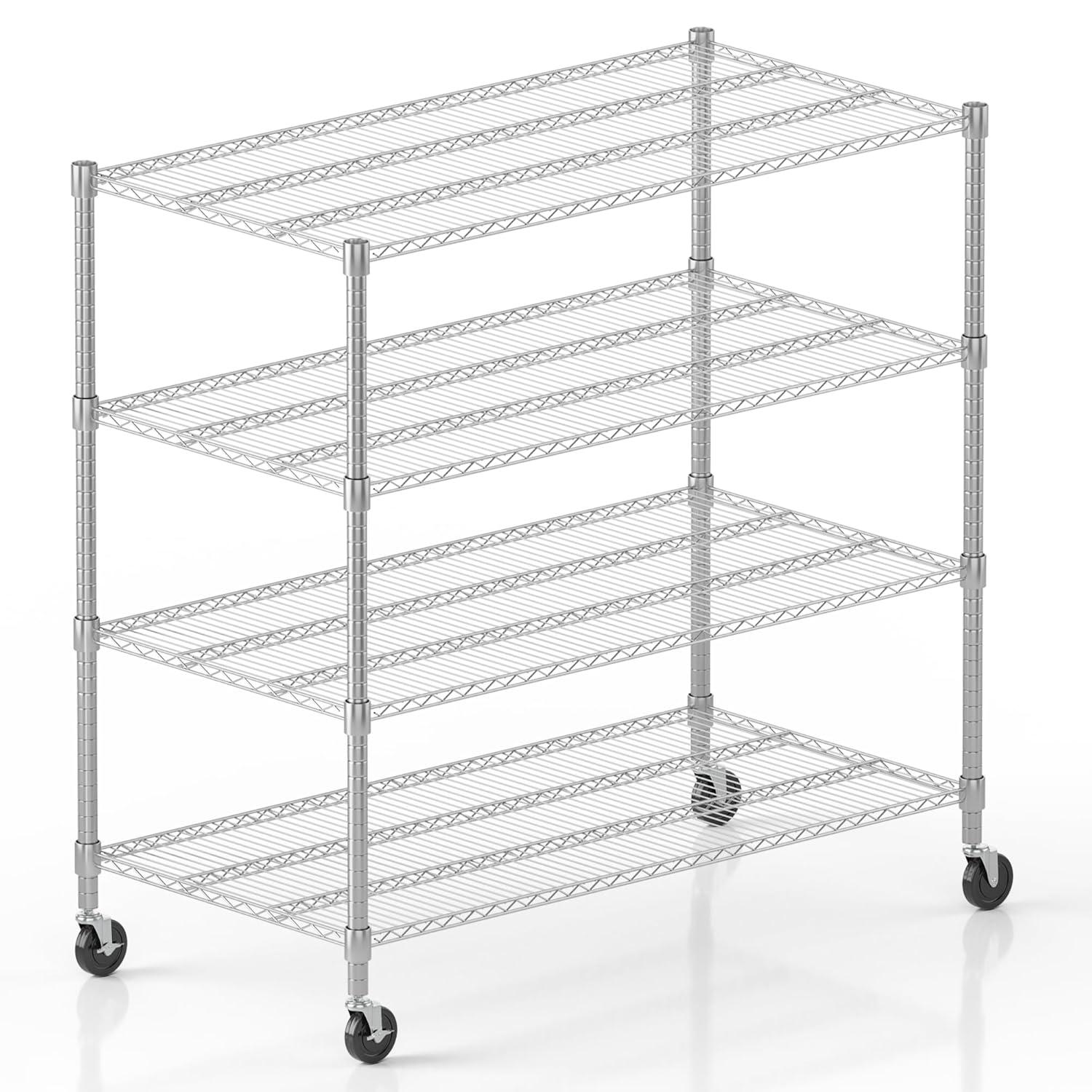 Homdox Heavy Duty Metal Shelves for Storage, 4 Tier Storage Racks and Shelving, Commercial Adjustable Wire Shelving Unit on Wheels, Garage Rack Pantry Shelves Kitchen Shelving, 24"x48"x72", Chrome