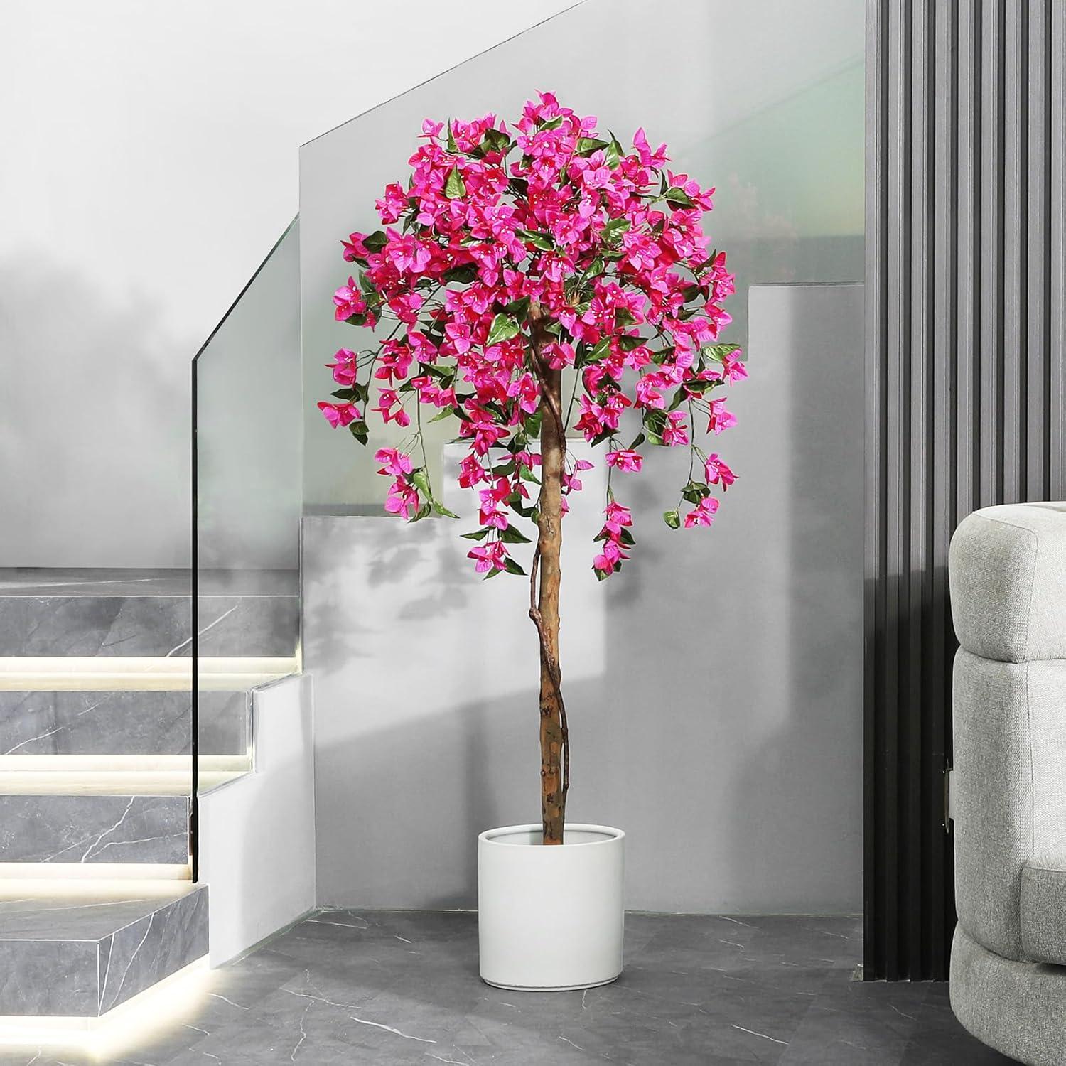 5FT Artificial Bougainvillea Tree Potted Fake Plant with Wood Trunk and Pink Flowers for Indoor Office Wedding Home Decor