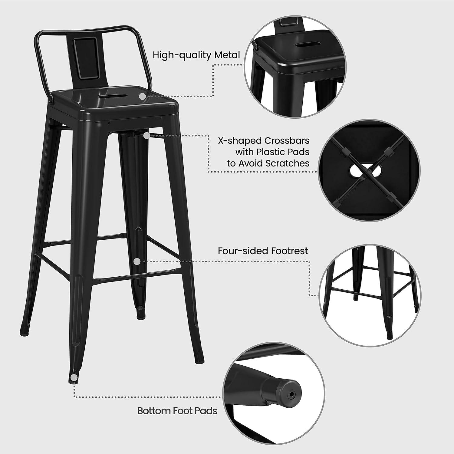 Killeryuki 30" Metal Bar Stools Set of 4, Industrial Cafe Side Chairs with Removable Back and Rubber Feet, Stackable Counter Stool for Bistro, Cafe, Kitchen, Living Room, Black