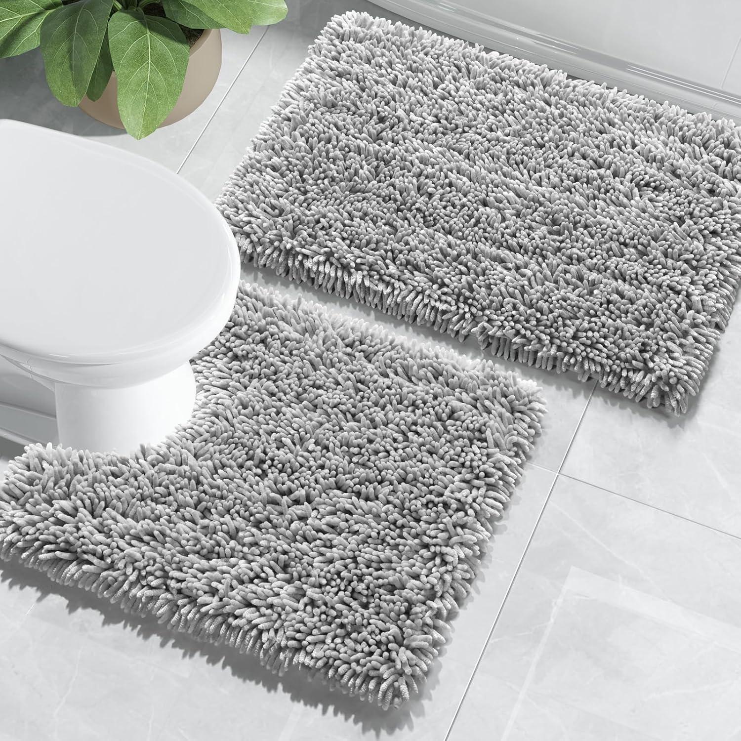 Light Gray Plush Chenille Non-Slip Bathroom Rug Set