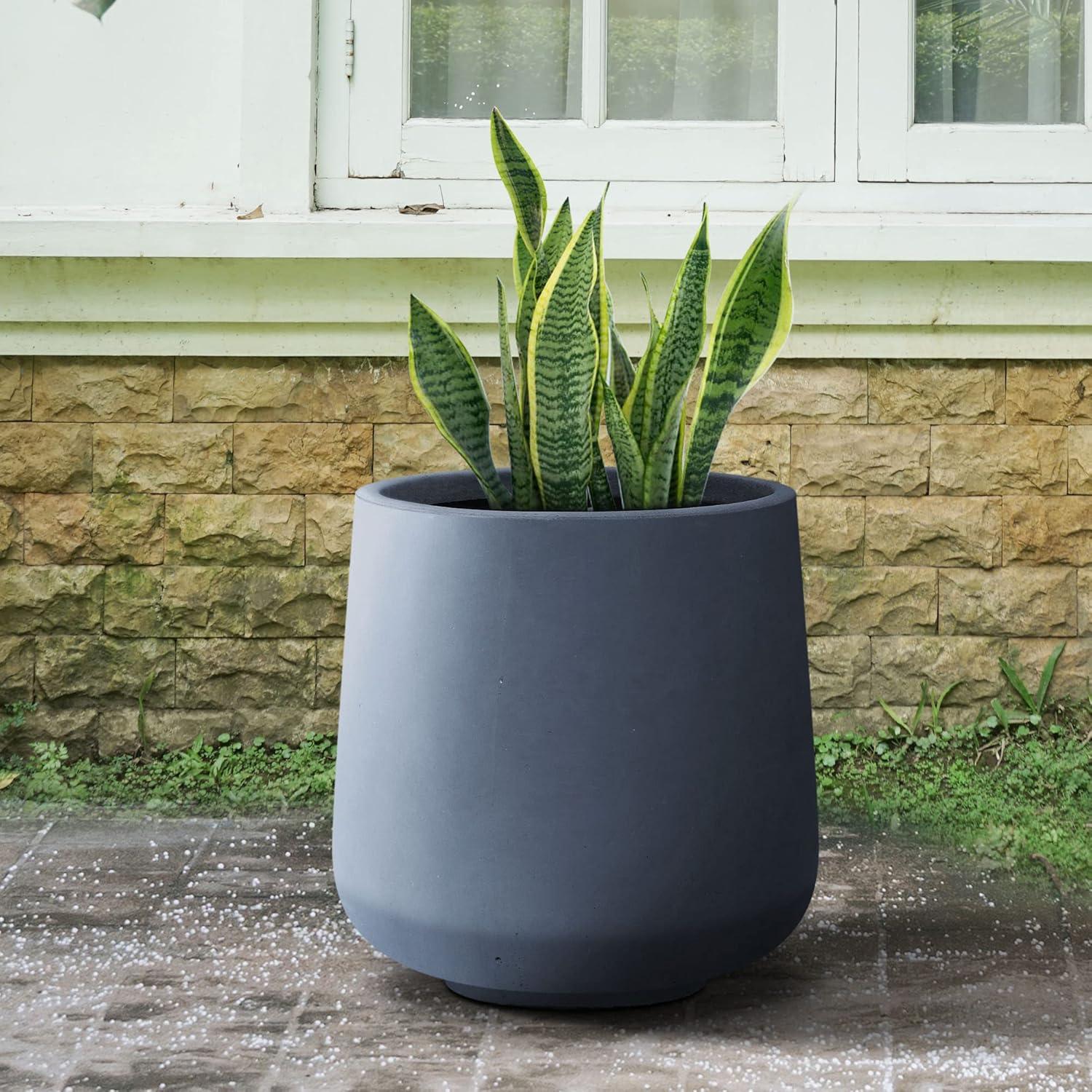 Charcoal Round Concrete Planter with Soft Curves, 20"