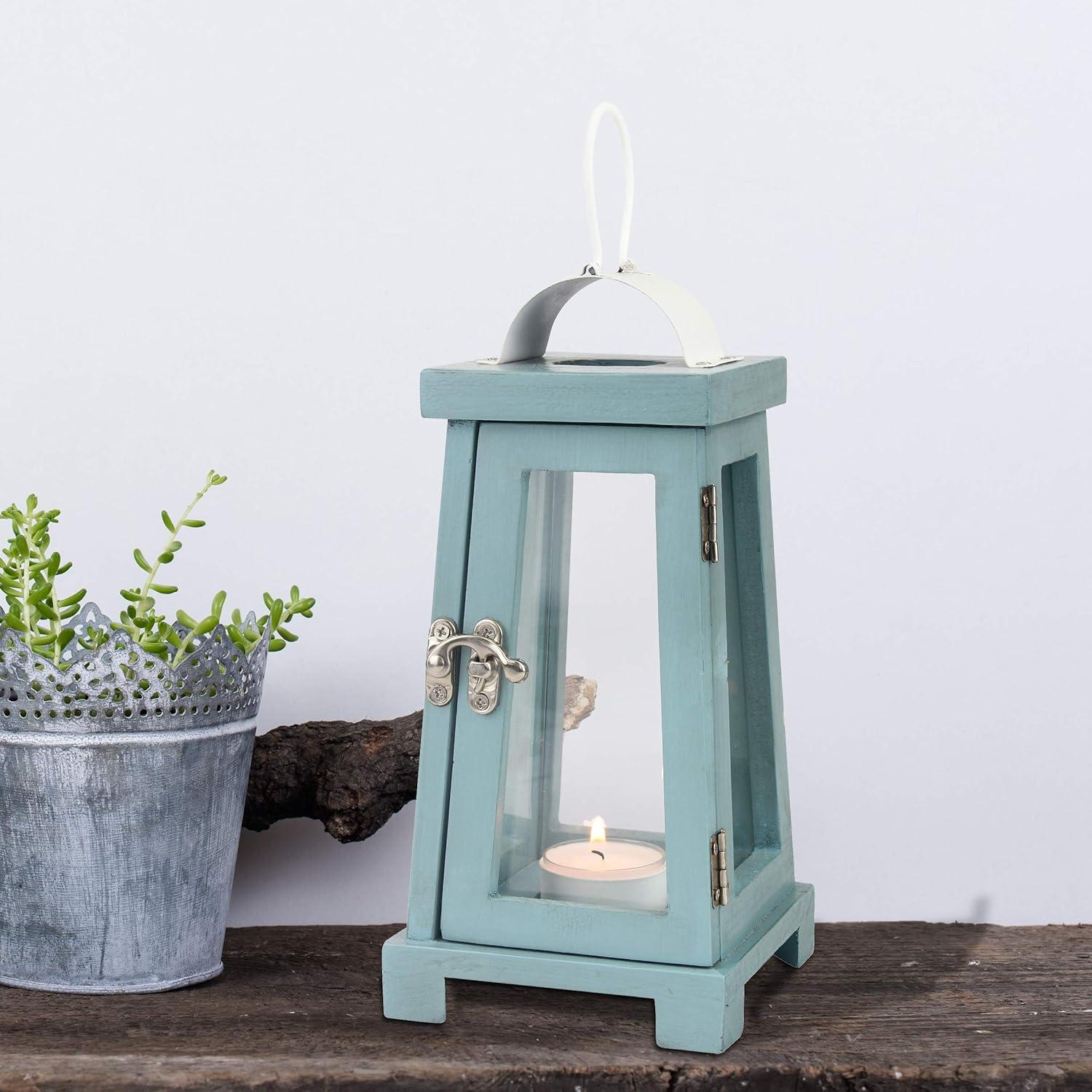 Nautical Blue Painted Wood Tabletop Hurricane Candle Lantern