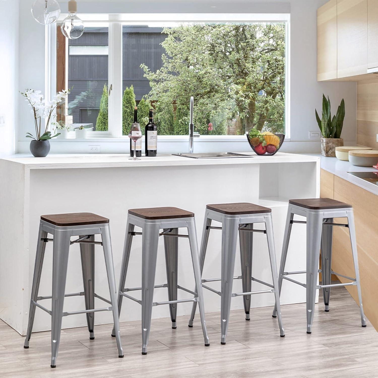 Drevy 26" Metal Counter Height Bar Stools Set of 4 Industrial Backless Kitchen Patio Counter Stool Stackable Barstools Wood Top-Silver