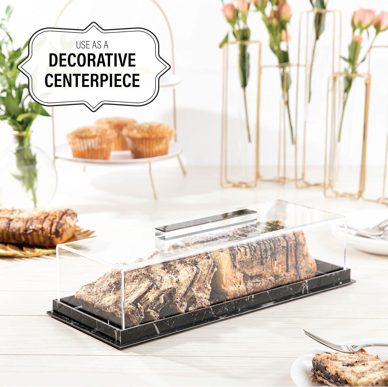 Rectangular Cake Tray, Cake Plate Dish with Lucite Display Cover Lid, Dessert Holder Tray, Cake Stand, Grey Marble Rectangle Cake Platter with Lucite Cover, Pastry Base (Black)