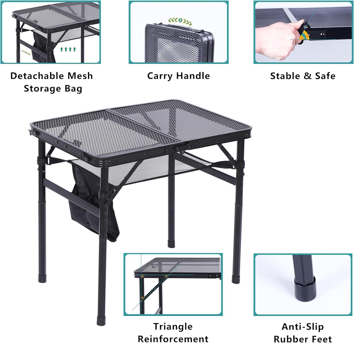 Nice C Table for Grill, Outdoor Table, Camping Table, Outdoor Cooking Table, Picnic Tables, Card Table Adjustable Height, Mesh Bag, Carry Handle (47.3” x 23.7“ x 14.7”/24.2“ Black)
