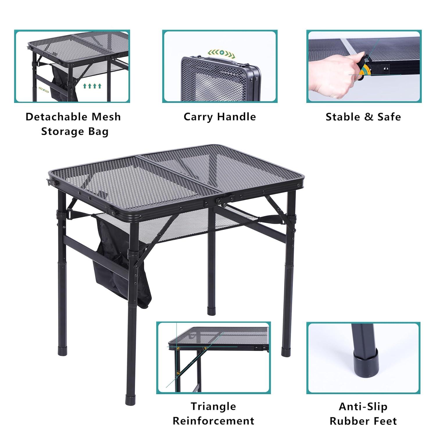 Nice C Table for Grill, Outdoor Table, Camping Table, Outdoor Cooking Table, Picnic Tables, Card Table Adjustable Height, Mesh Bag, Carry Handle (47.3” x 23.7“ x 14.7”/24.2“ Black)