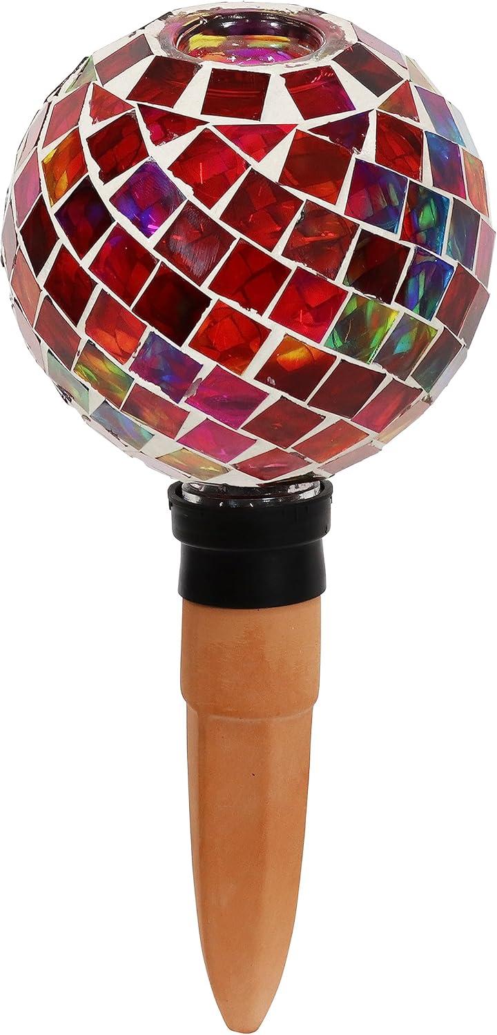 Sunnydaze Outdoor Mosaic Glass Watering Globe with Clay Spike for Planters - 9.5" - Magenta Medley