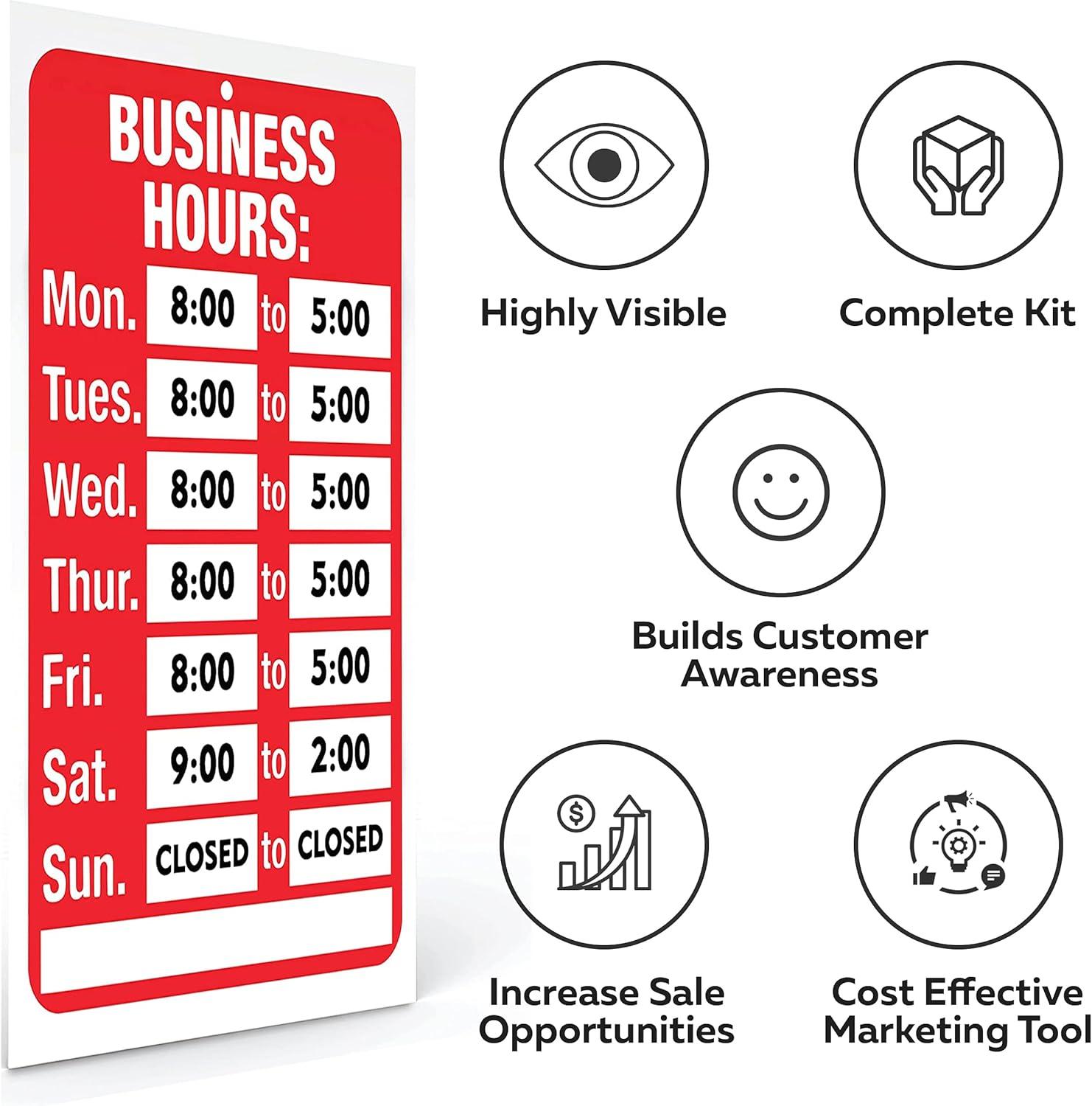Assured Signs Store Hours Open Sign | 7.7 by 11.7" Business Hours Sign | Red & White Plastic