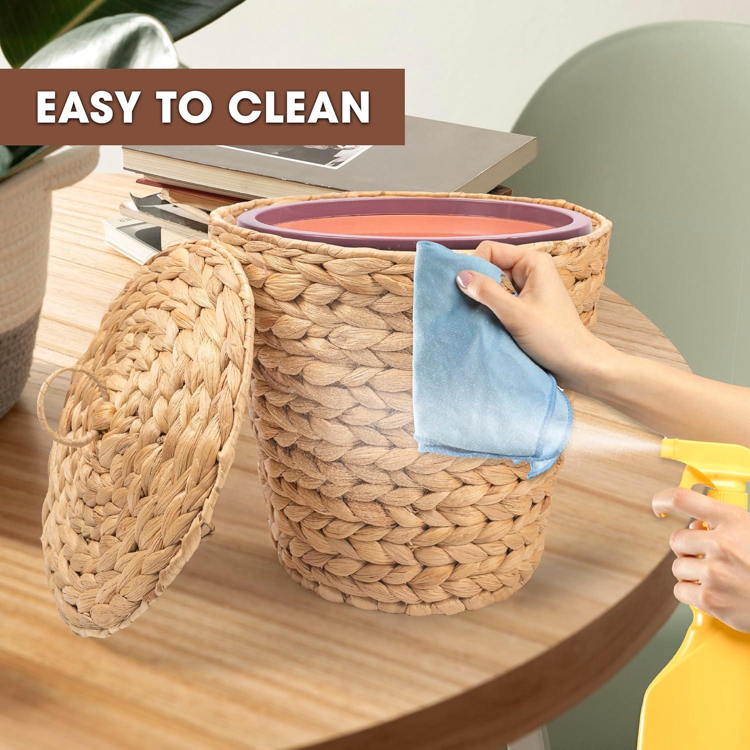 Medium Natural Wicker Round Trash Can with Lid