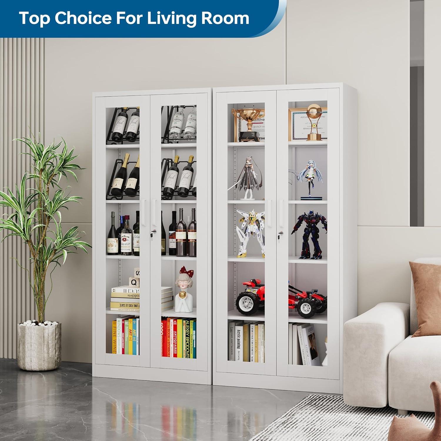 Display Cabinet With Glass Doors, Curio Cabinets With 4 Adjustable Shelves, Locking Glass Cabinet Display Case For Home, Office, Clinic, Pantry, Assemble Required