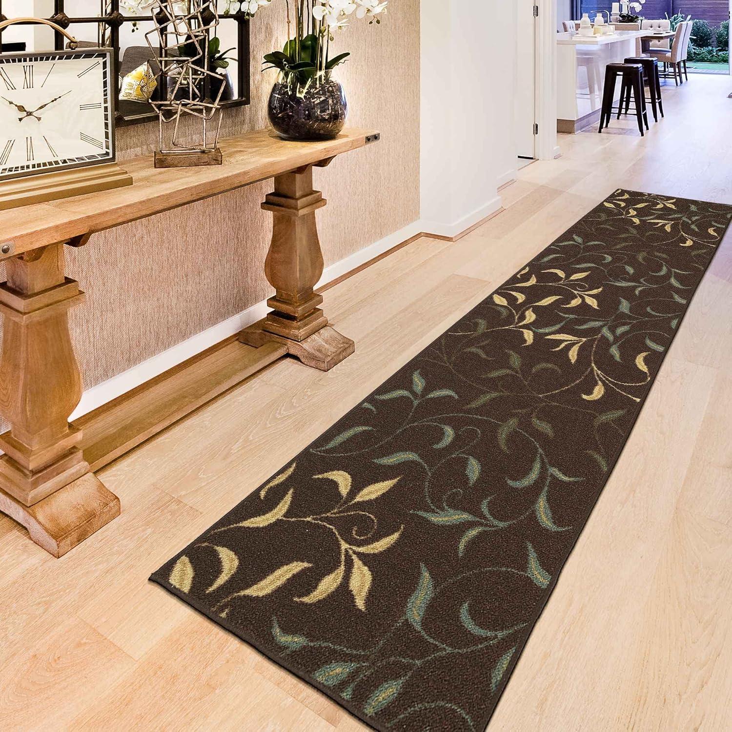 Ottohome Non-Slip Leaves Area Rug For Living Room, Hallway Runner, Entryway Rug, Brown