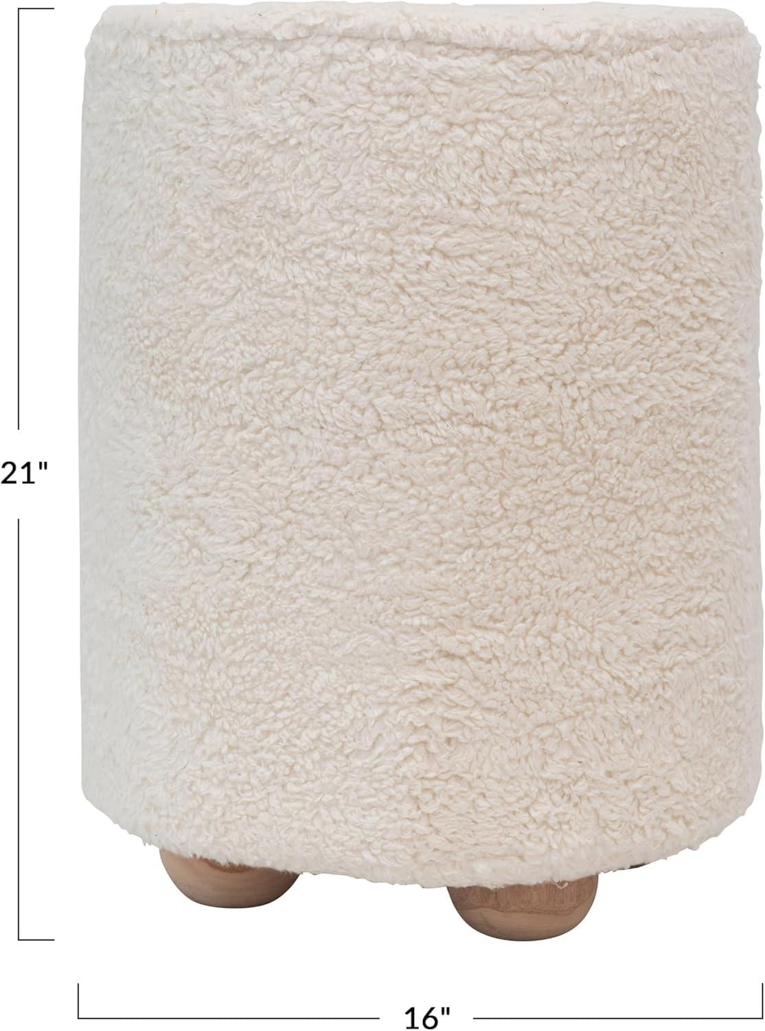 Cream Round Cotton Sherpa Pouf with Pine Legs