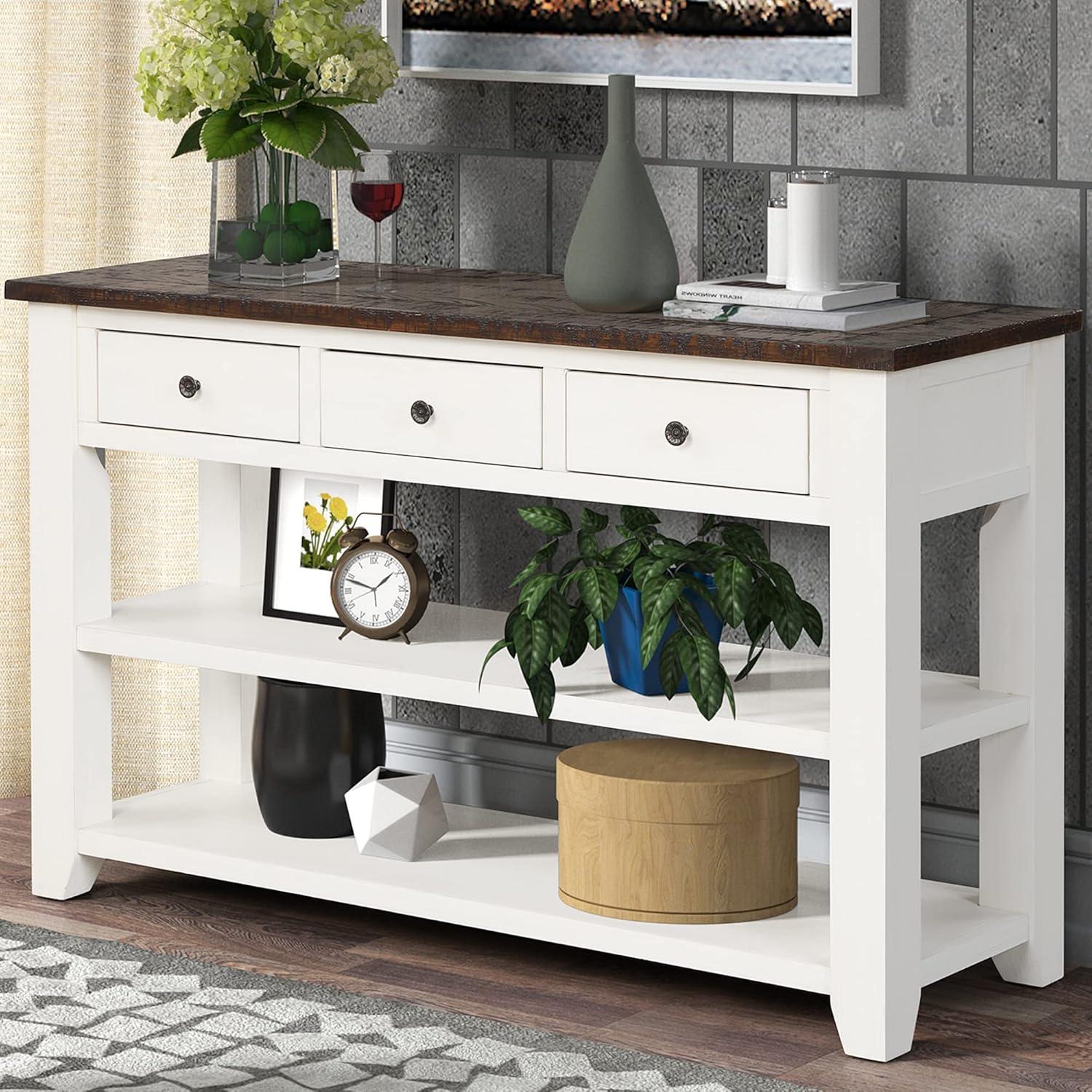 Antique White and Brown Wood Console Table with Storage