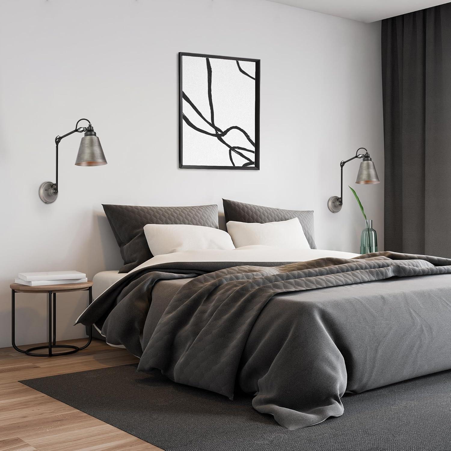 LALUZ Swing Arm Wall Sconce Set of 2, Modern Farmhouse Sconce Wall Lighting Vintage Adjustable Wall Mounted Lights with Black Silver Finish