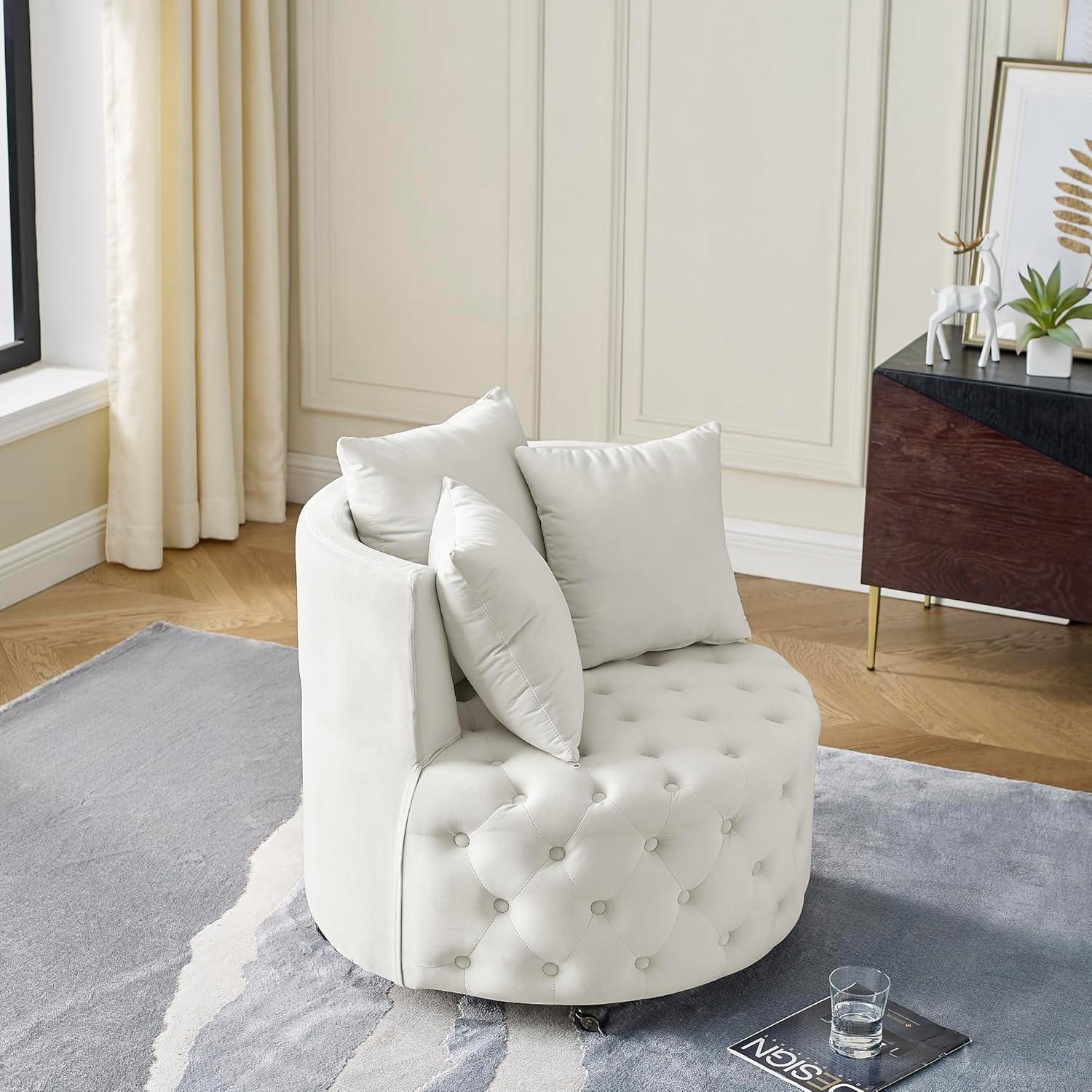 Beige Velvet Swivel Barrel Accent Chair with Pillows