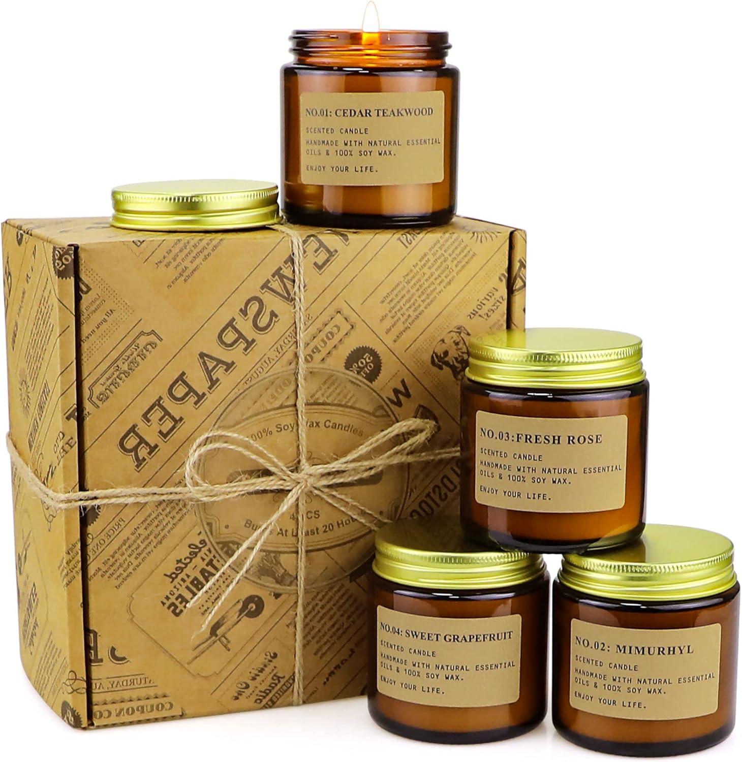 YFYTRE 4 Pack Scented Candle Set Soy Wax, Aromatherapy Candles for Home Decoration, Jar Candles Gift for Women with Amber Glass Jars and Kraft Wrapping