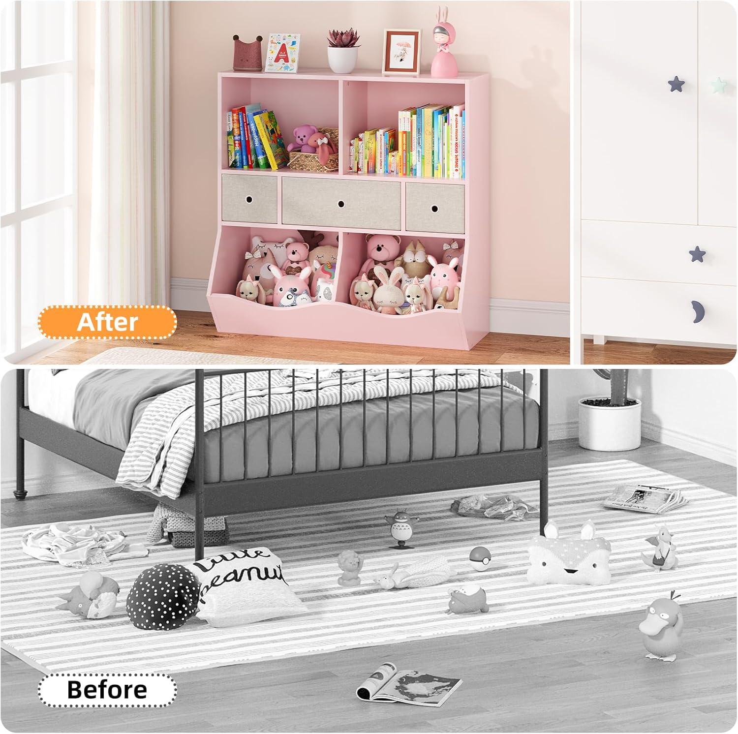 3-Tier Kids Bookshelf, Toy Storage Organizer with 3 Drawers,Wooden Bookcase with Large Toy Storage Cabinet for Playroom